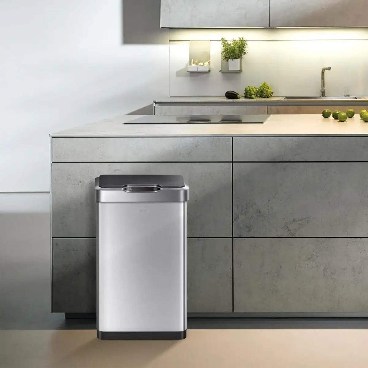 50 Liter / 13.2 Gallon Touchless Rectangular Motion Sensor Trash Can, Brushed Stainless Steel Finish