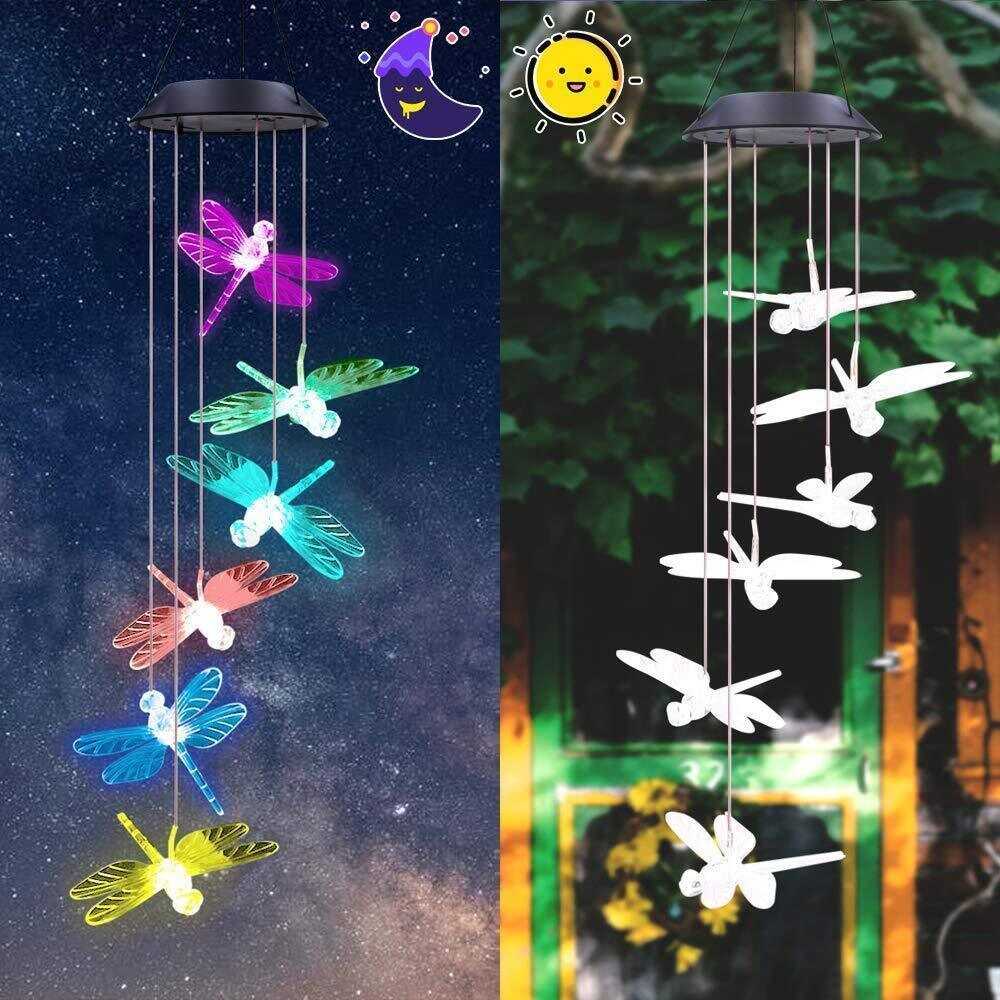 Color Changing Dragonfly Wind Chimes LED Mobile Solar Hanging Light