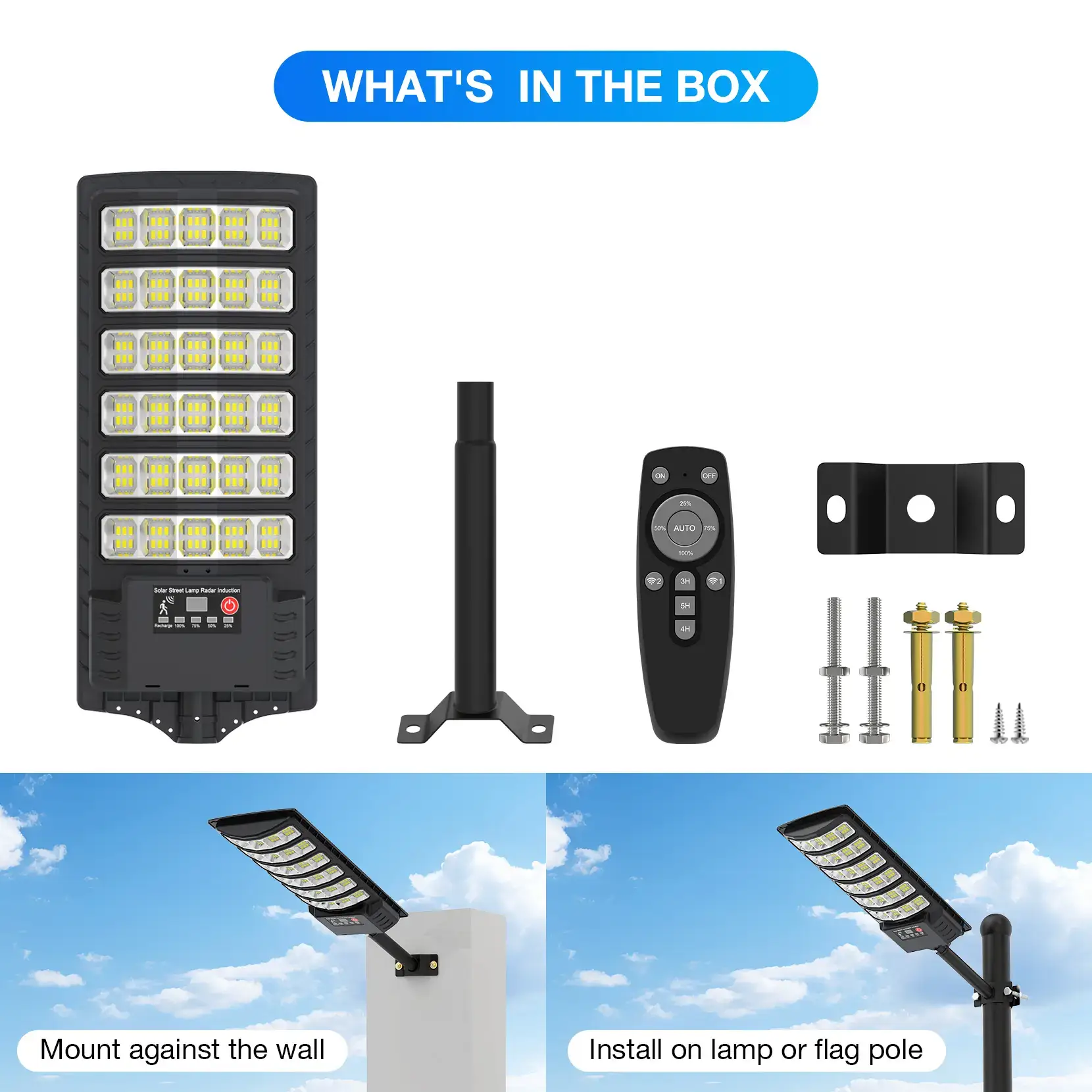 4Pack Solar Street Lights, 30000LM Outdoor Flood Light, Dusk to Dawn, IP66 Waterproof Solar Powered Parking Lot Light with Remote Control, 6500k Dimmable Security Lamp
