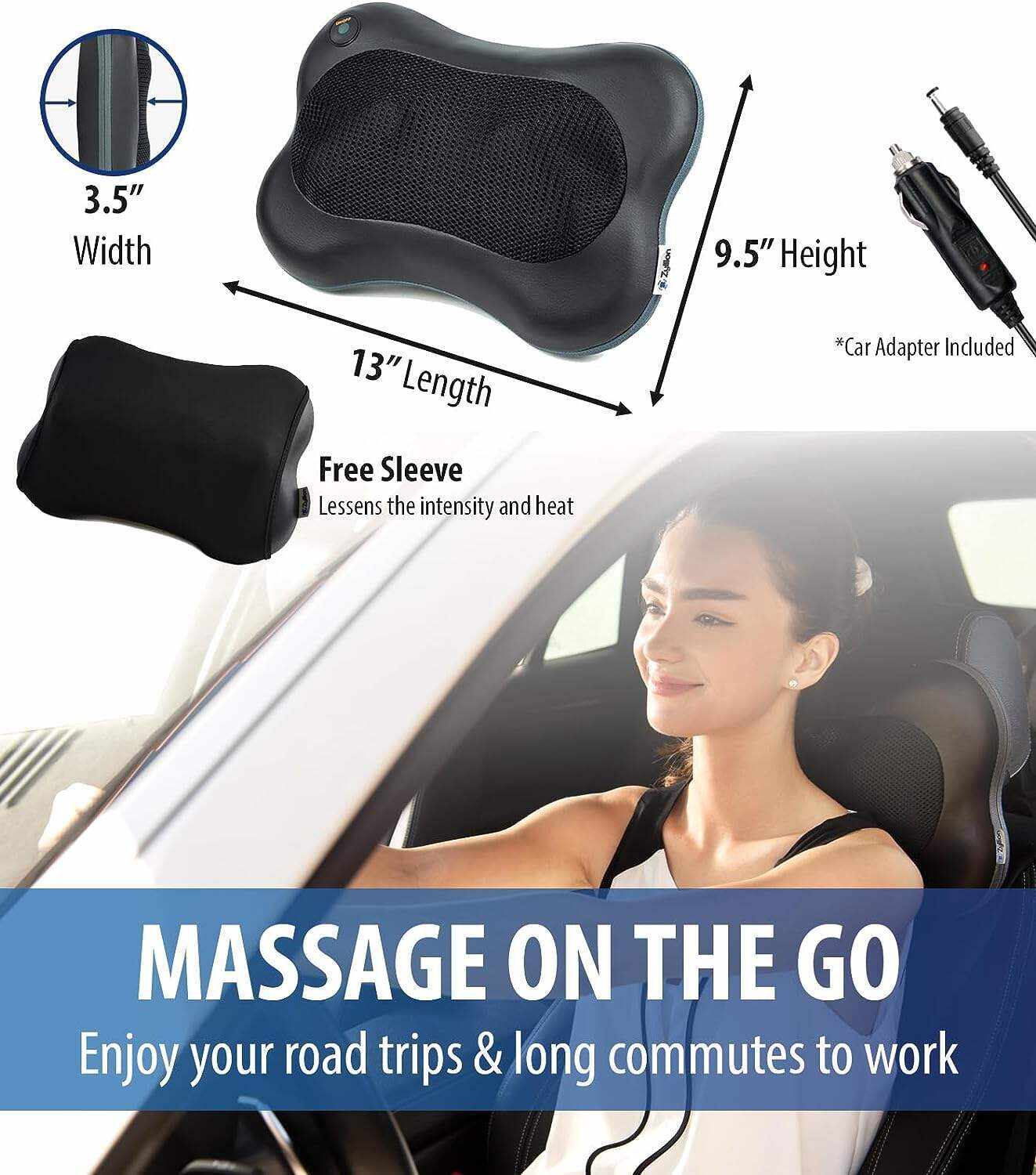 Zyllion Back and Neck Massager with Heat - 3D Deep Tissue Shiatsu Massage Pillow for Chair, Car and Muscle Pain on Whole Body: Shoulders, Calf, Foot, Legs, Arms (NOT Cordless) - Black (ZMA-13-BK)