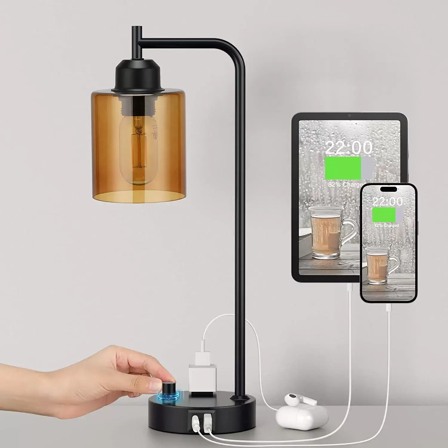 Industrial Bedside Table Lamp for Bedroom - Nightstand Lamps with USB C Charging Port, Fully Dimmable Black Lamps with USB Ports and Outlets, Small Desk Lamp with Glass Shade for Office Living Room