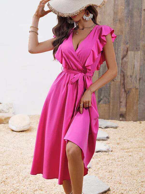 Summer ruffle V-neck lace-up split dress