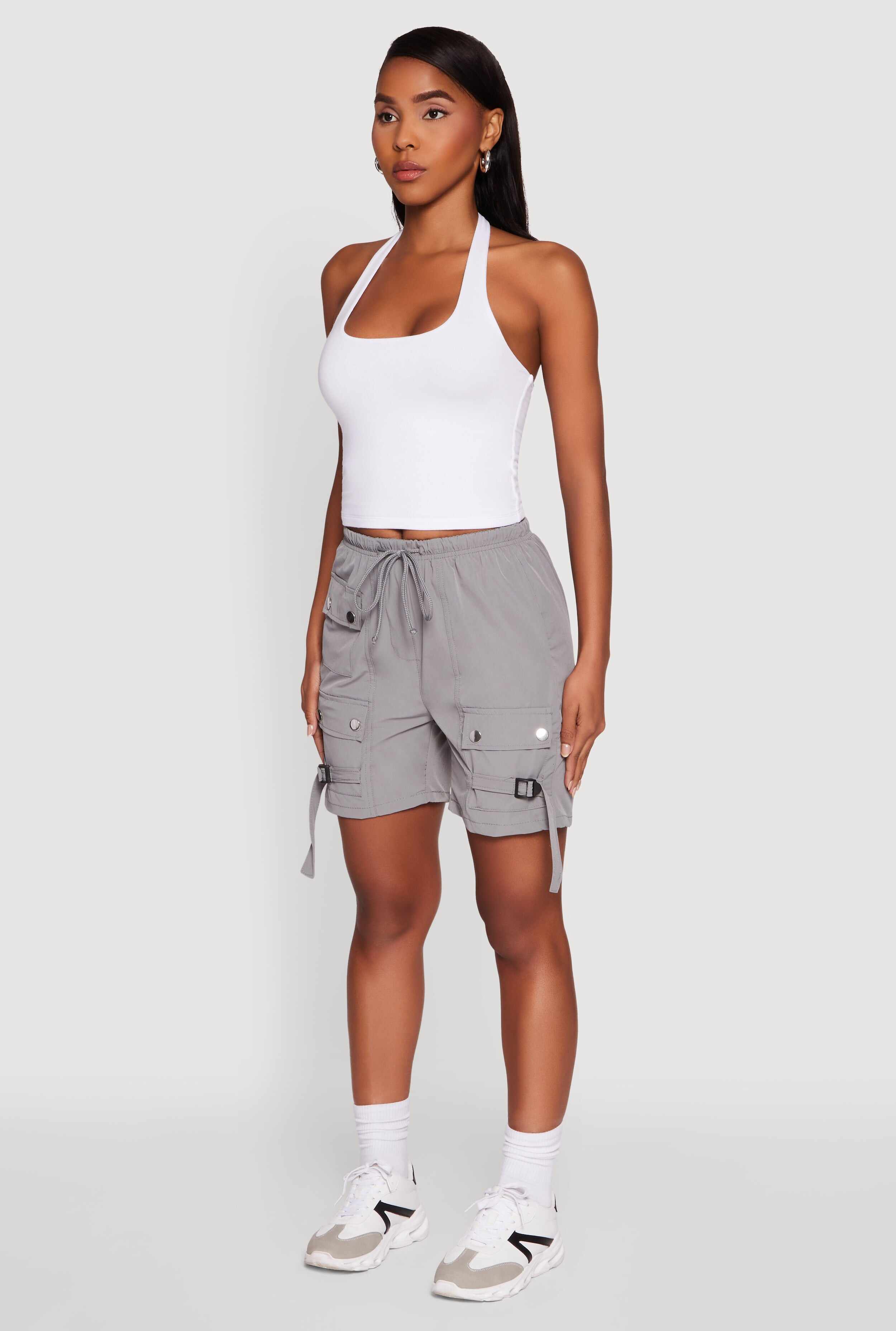 Trendy Nylon Drawstring Waist Utility Shorts