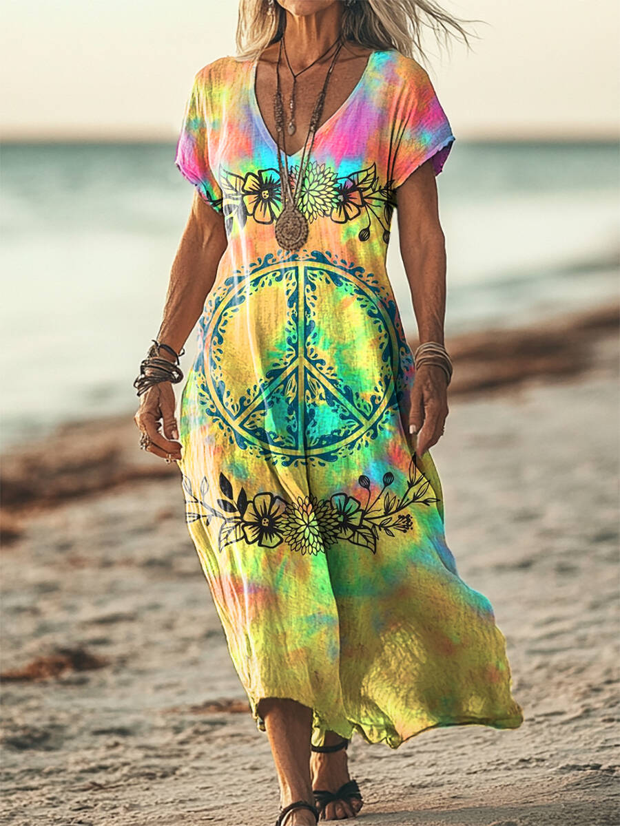 Women's Boho Hippie Peace Art Print Short Sleeve Pocket Cotton Linen Dress