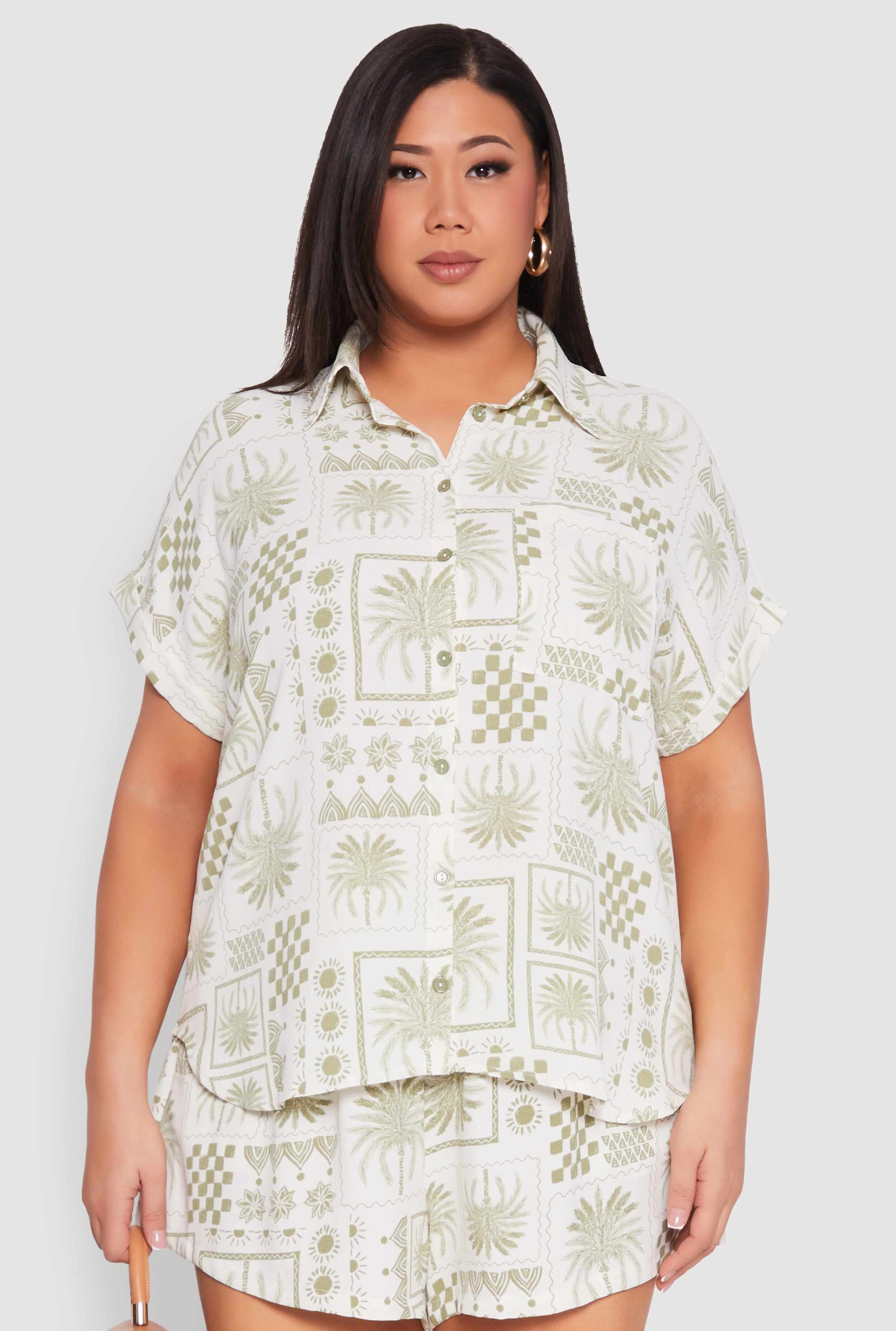 Plus Size Checkered Palm Print Shirt