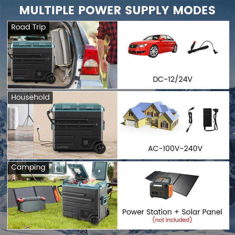 61 Quart Portable Car Refrigerator with Wheels 12/24V DC & 110-240V AC Dual-zone Electric Car Cooler Fridge for RV Camping Travel Home