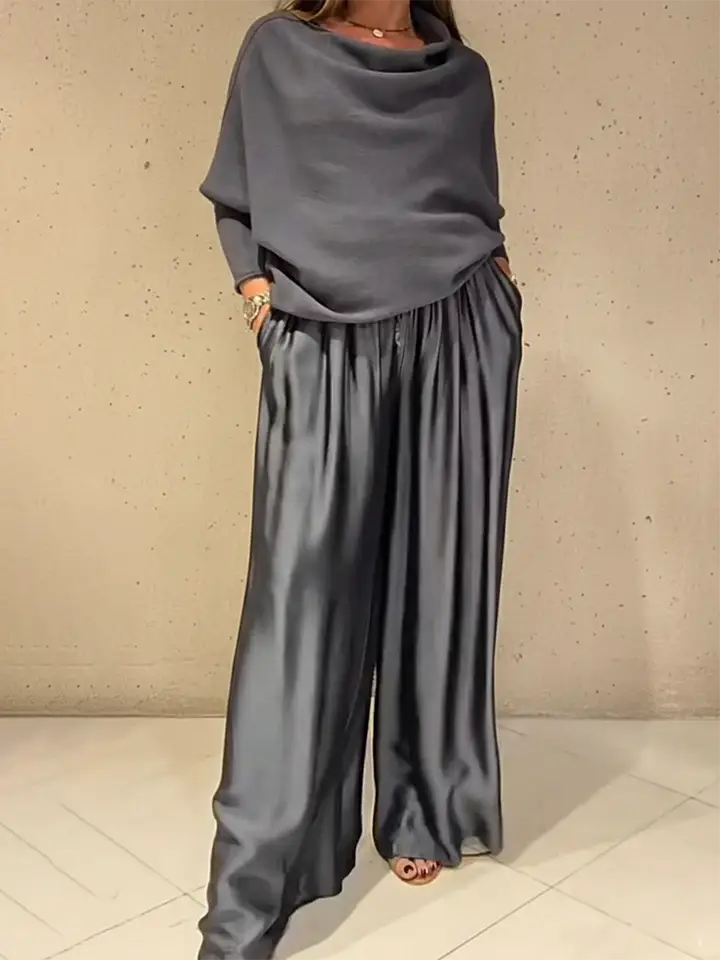 🔥Summer Arrivals🌟Elegant Off-shoulder Sweater and Satin Wide-leg Pants Two-piece Suit