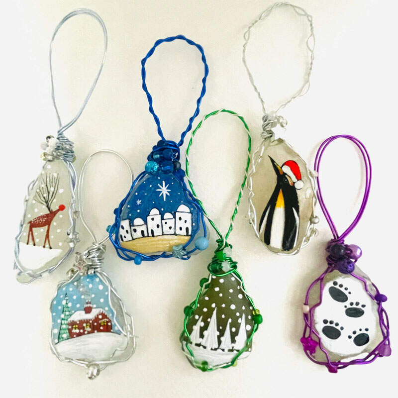 Sea glass hand painted art Christmas tree decorations