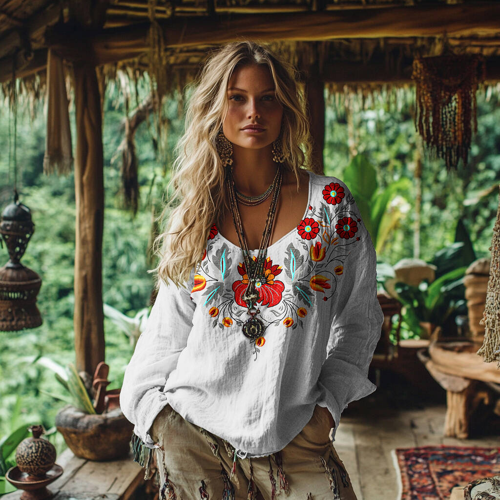 Vintage Bohemian Floral Embroidered Linen Shirt