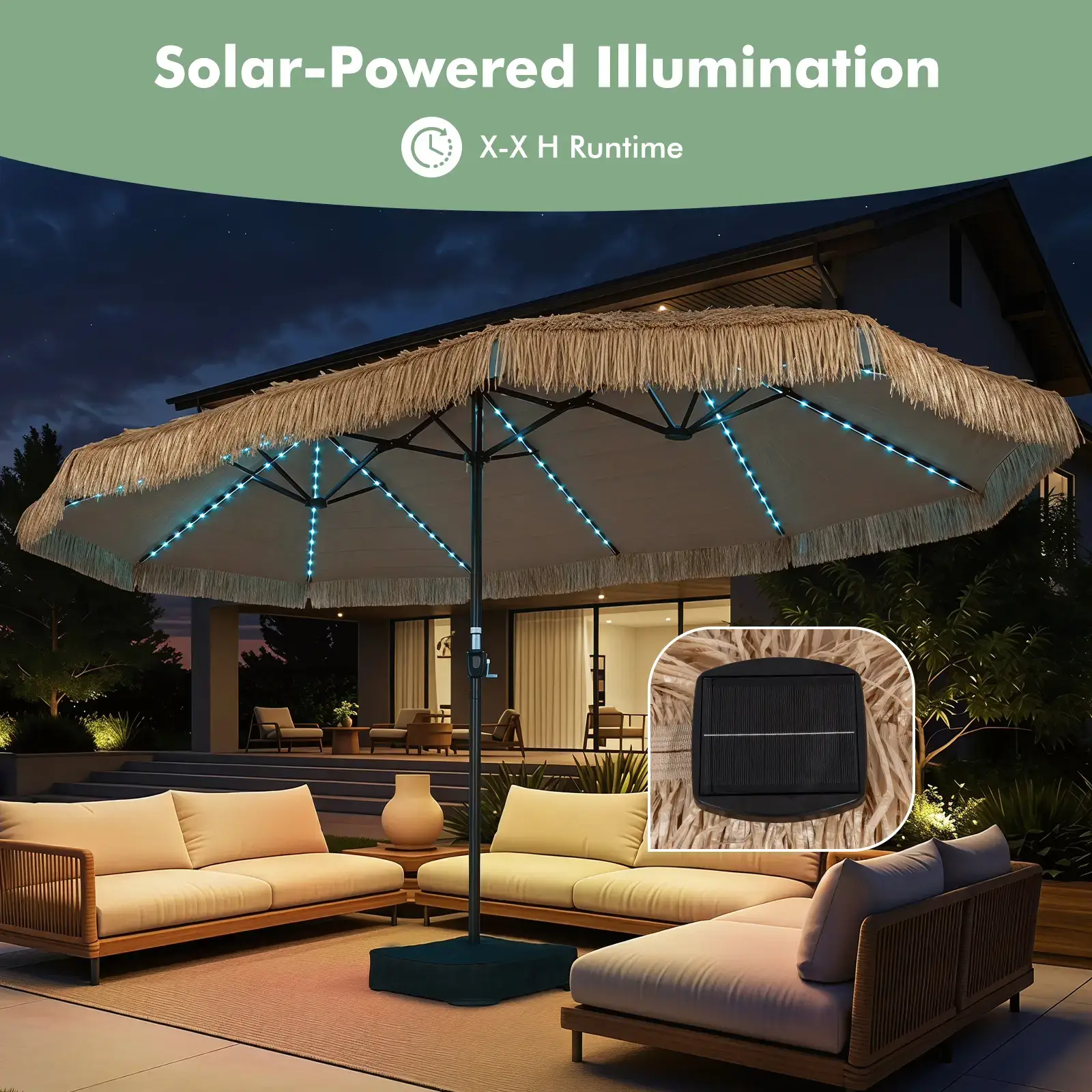 15 FT Solar Tiki Patio Umbrella with Base Included, Double-sided Hawaiian Style Thatched Market Table Umbrella with144 Multi-colored Flowing LED Lights, 12 Modes, Crank Handle, 12 Ribs, PE Grass Outdoor Umbrell for Pool Deck Garden Backyard