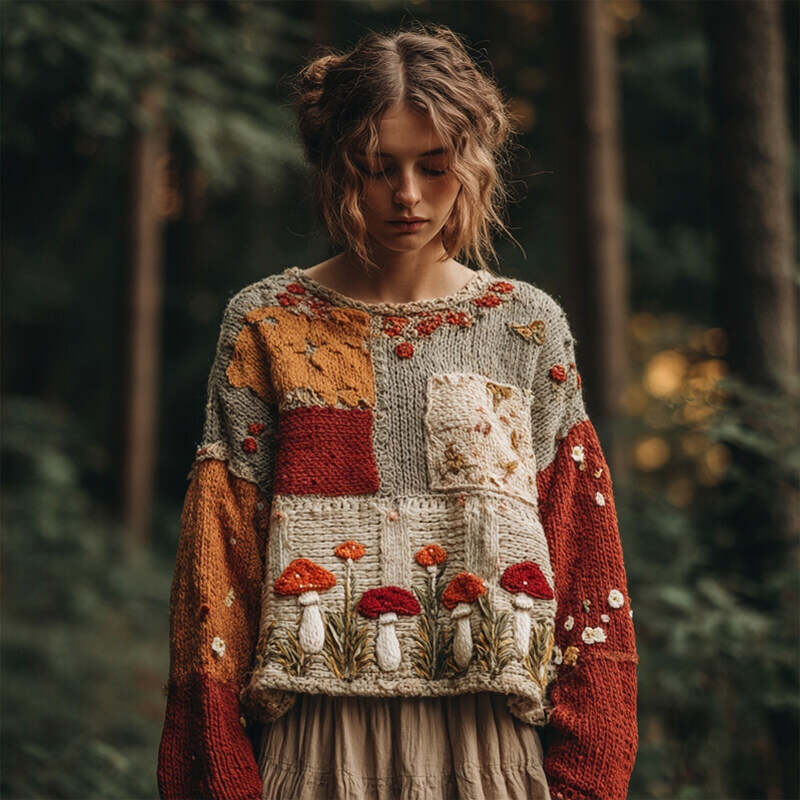 Vintage Cottagecore Mushroom Patchwork Cozy Sweater