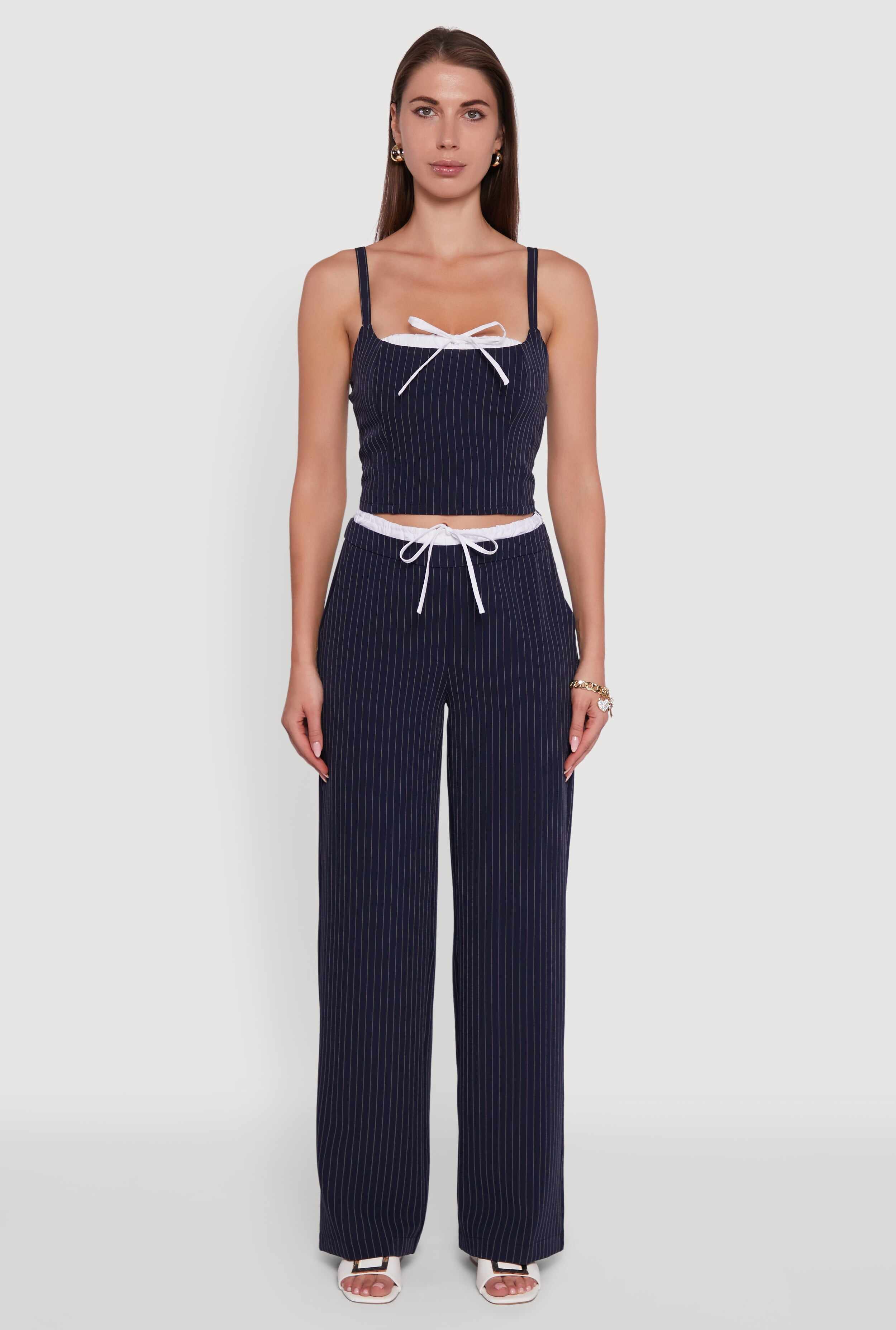 Iris Pinstripe Crop Top with Tie Front and Lace-Up Detail