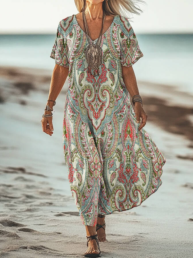 Women's Retro Ethnic Totem Print V-Neck Short Sleeve Cotton Pocket Dress