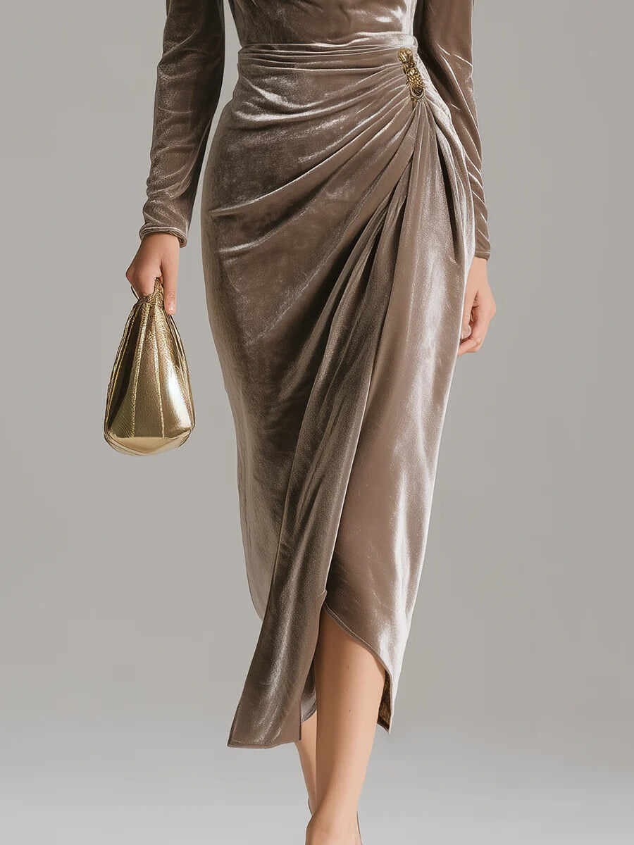 Elegant Pile Collar Velvet Midi Dress