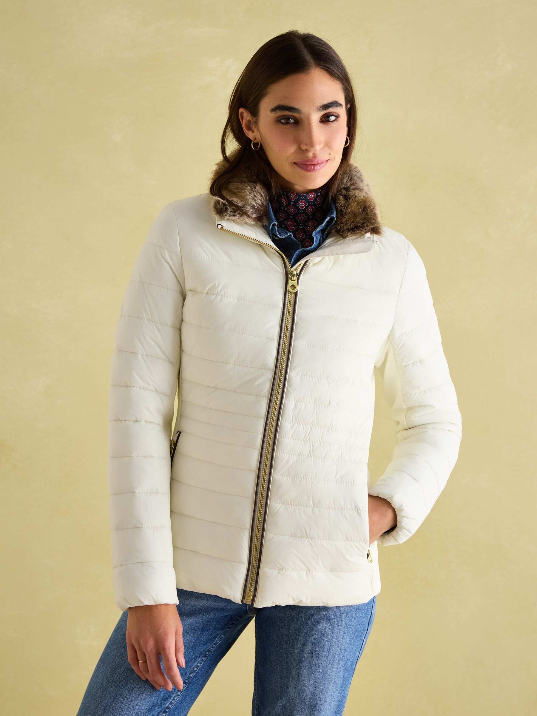 Beckley White Padded Showerproof Jacket with Faux Fur Trim