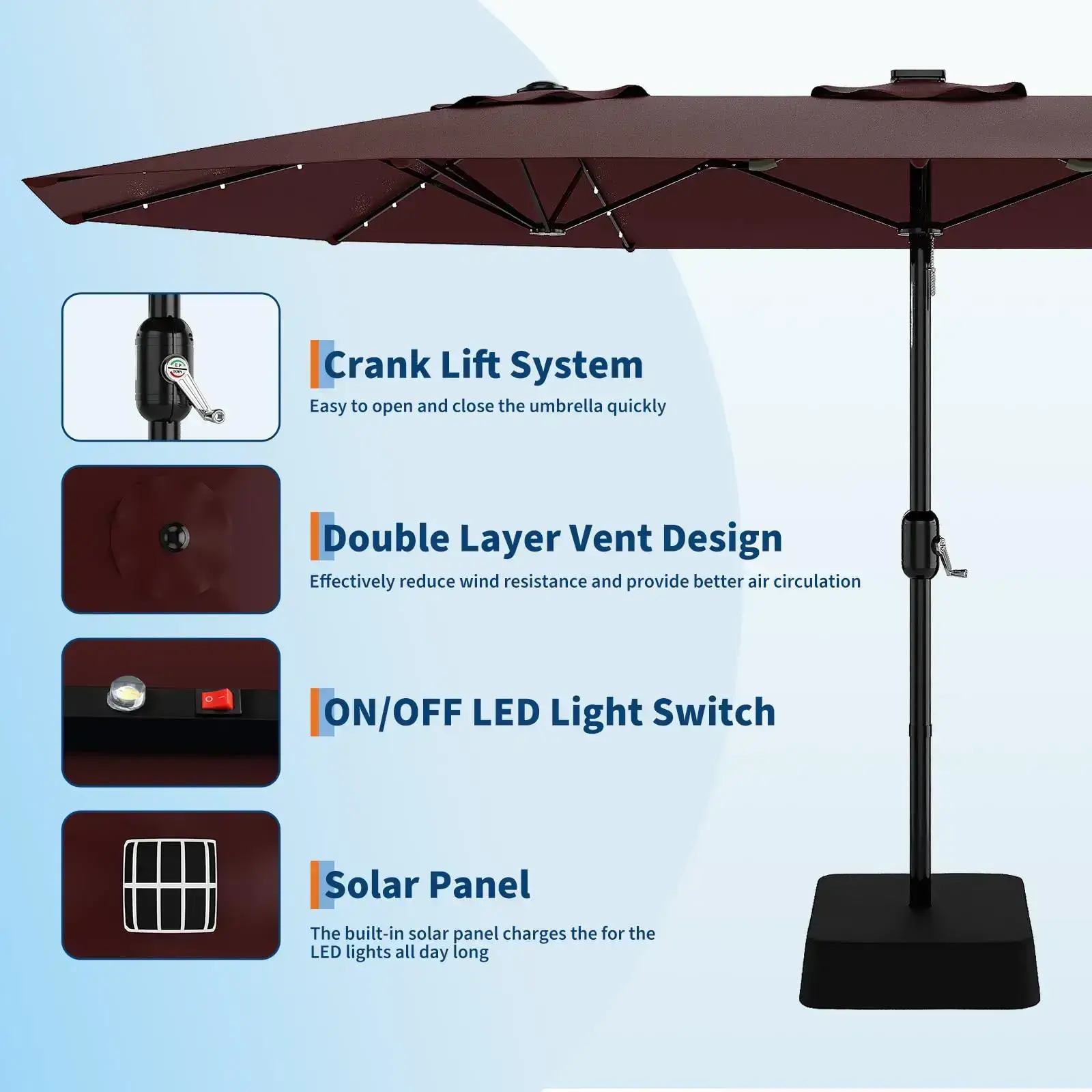 15ft Large Outdoor Patio Umbrella with Base – LED Light Option, Double-Sided, Crank Handle, Waterproof, Comes with Weighted Base and Sandbag, Accommodates 10 People