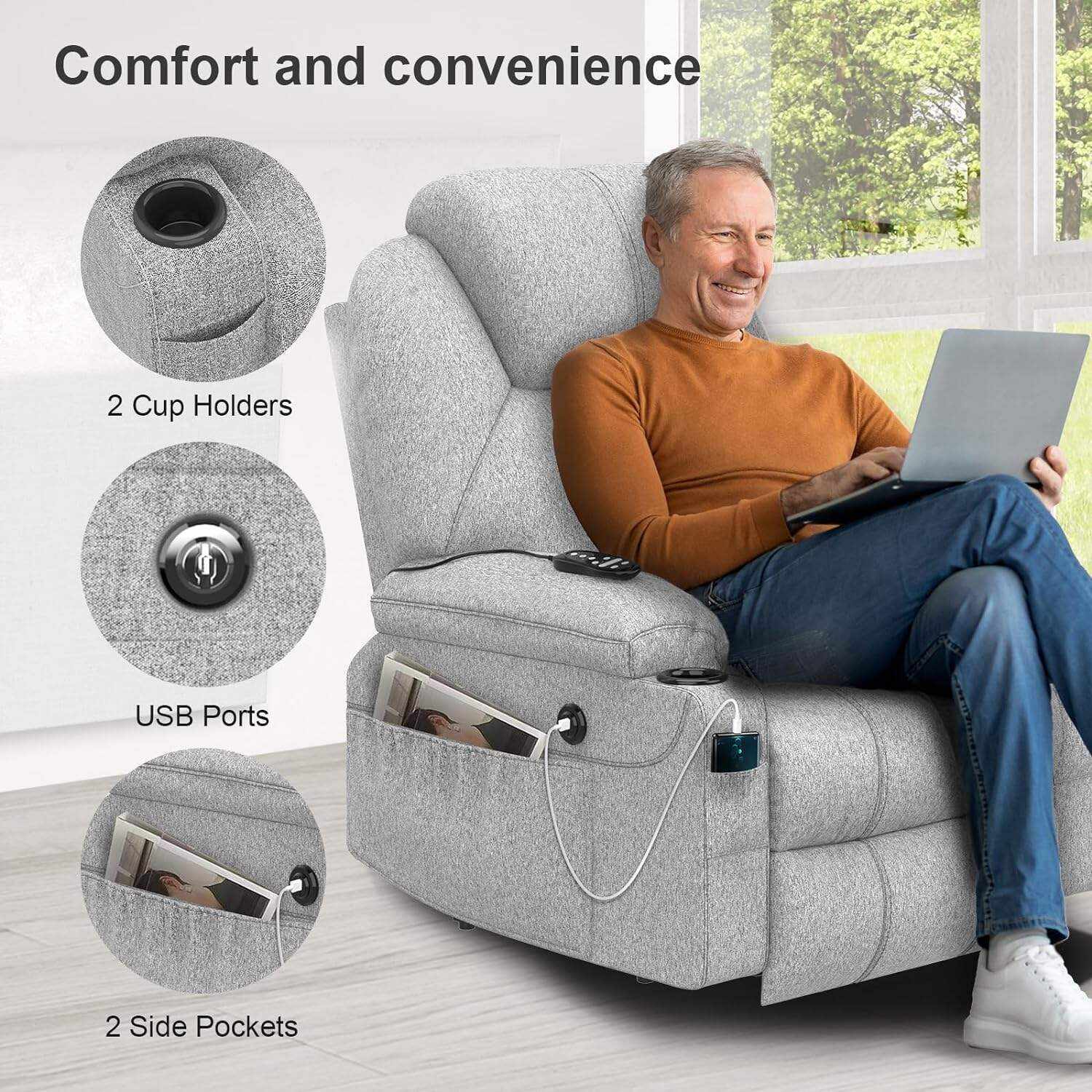 YONISEE Lar2ge Lift Chairs Recliner for Elderly - Power Fabric Lift Chair Modern with Massage and Heat, Extended Footrest, 3 Positions, 2 Side Pockets, and Cup Holders, USB Ports, Coffee Color