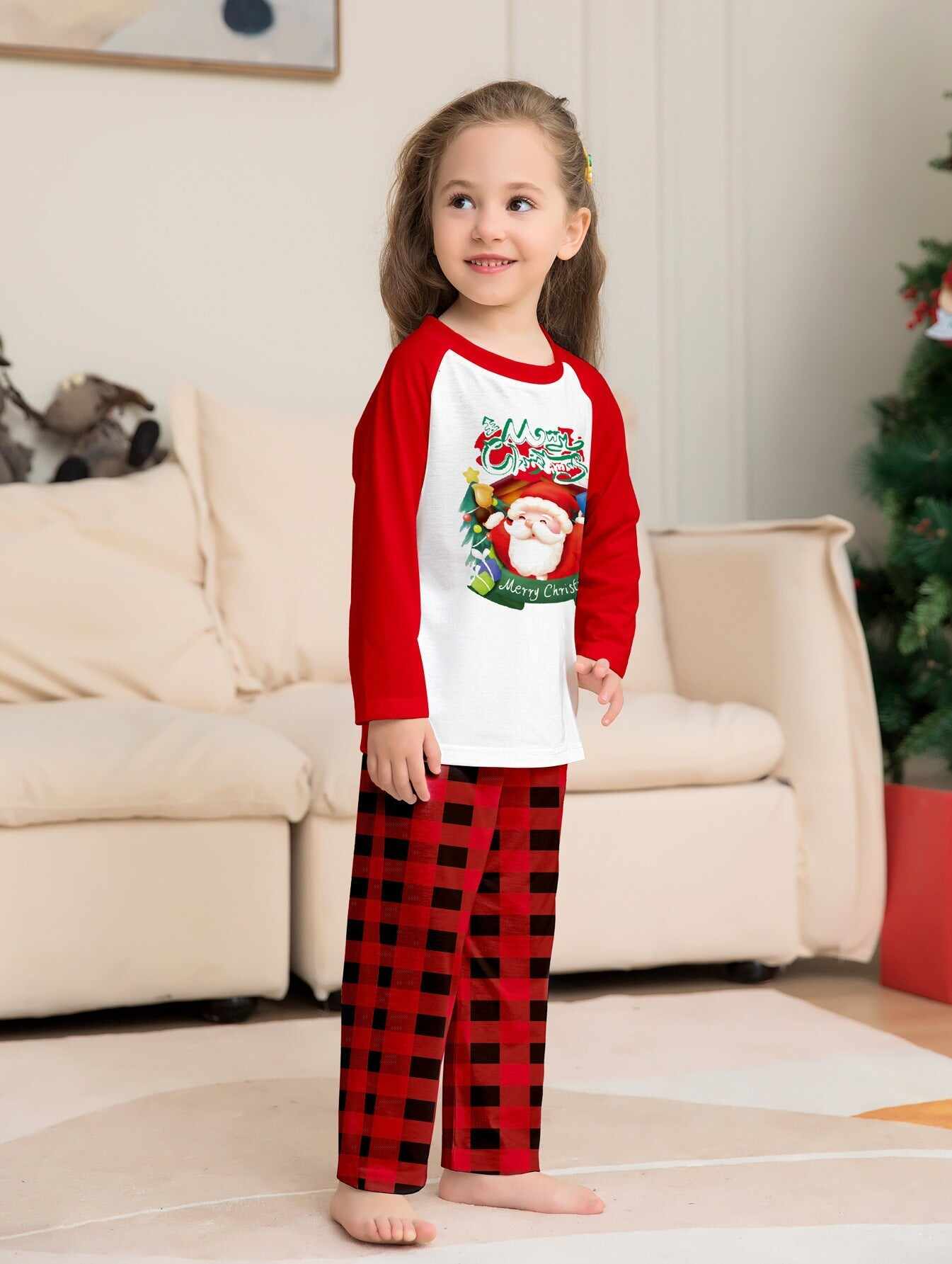 Santa Red Plaid Print Family Holiday Pajama Set