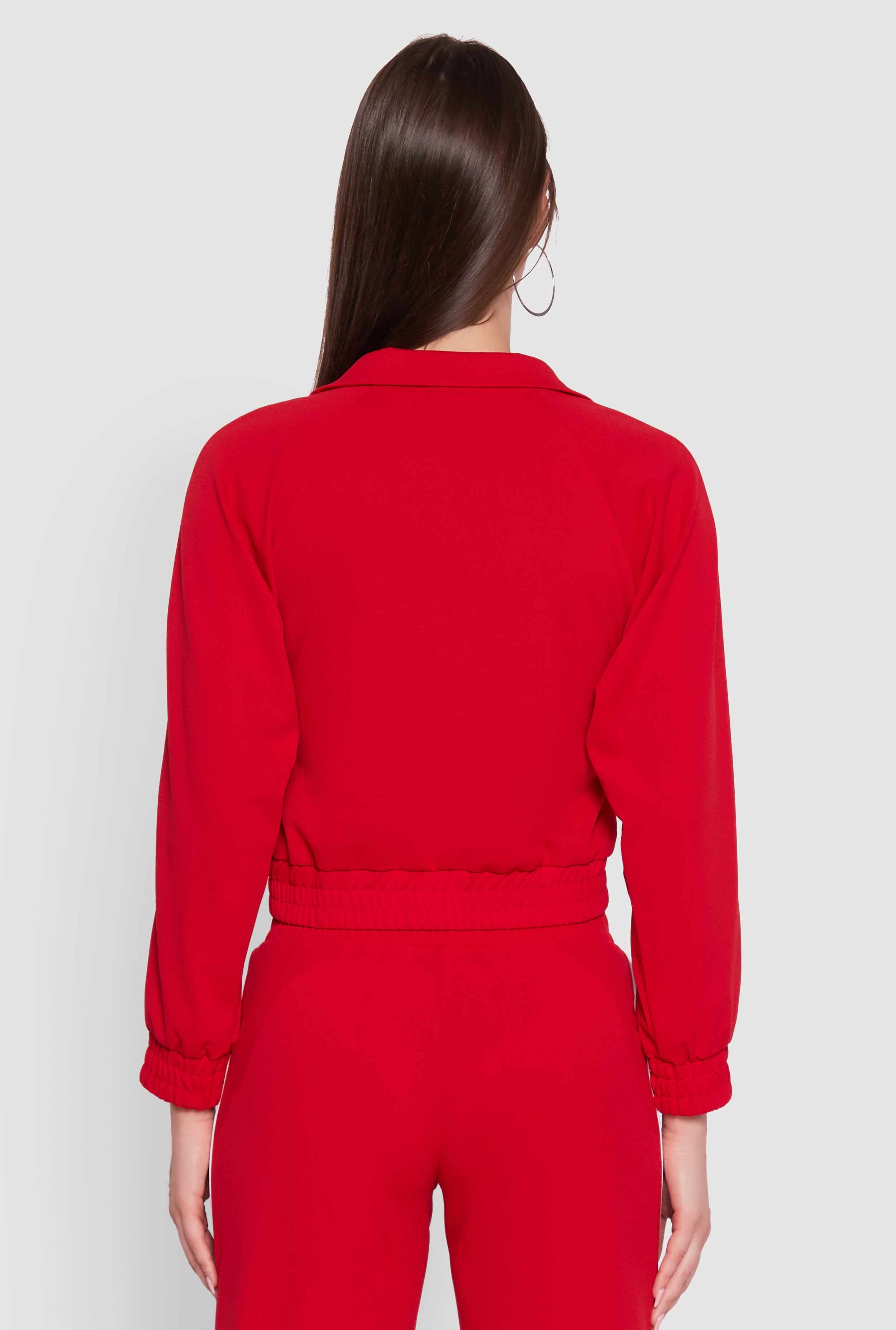 Crepe Knit Zip Front Jacket with Contrast Piping