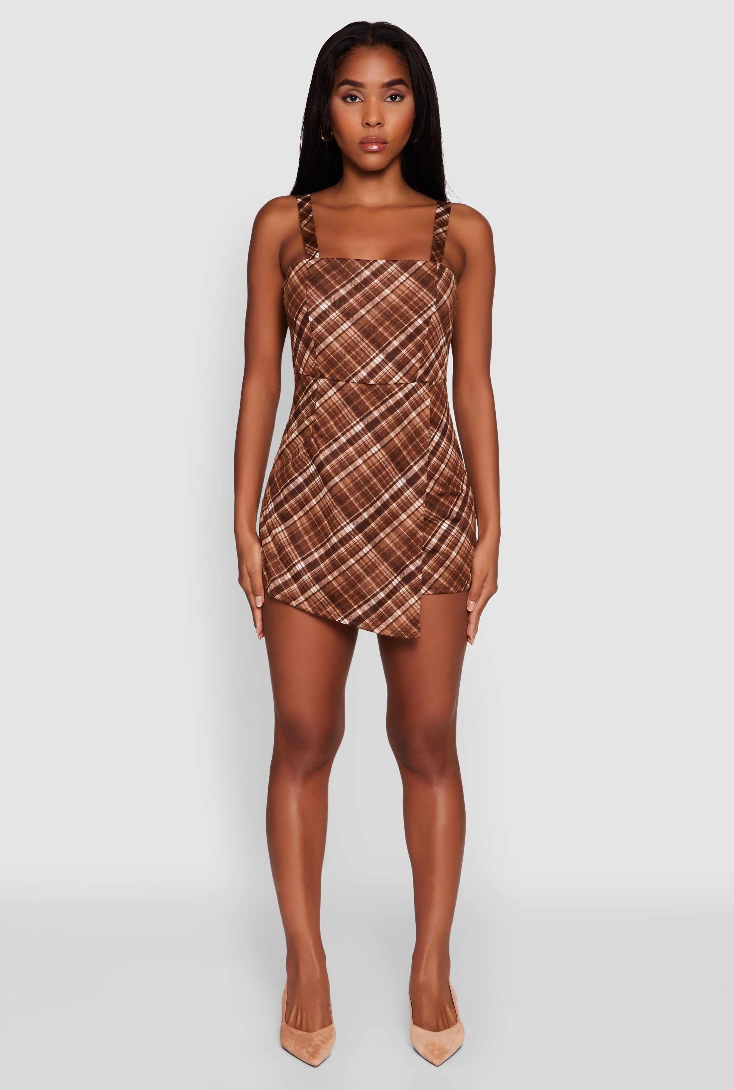 Plaid Square Neck Sleeveless Romper