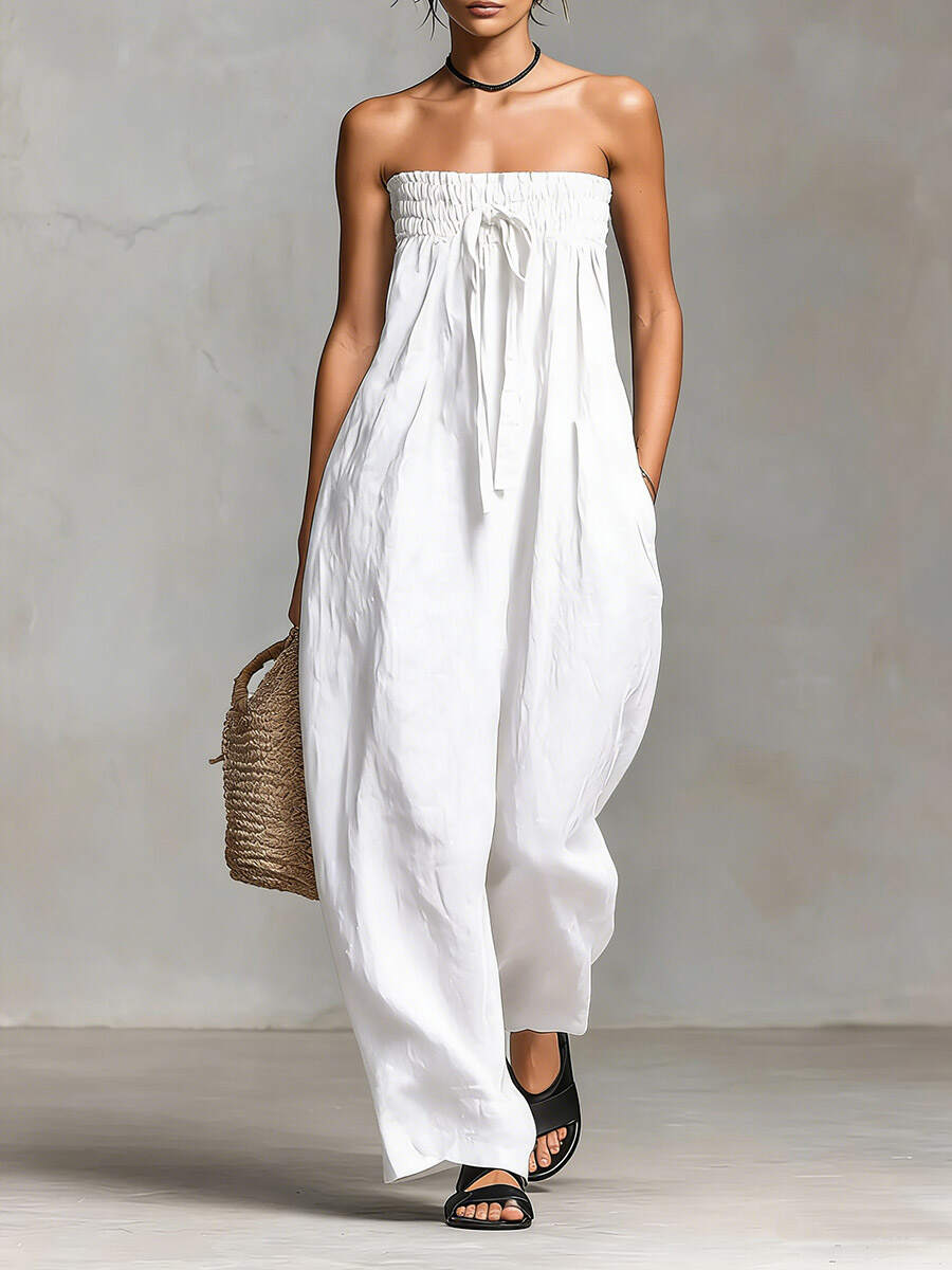 🔥Summer Arrivals🌟Women's Solid Color Strapless Casual Loose Cotton And Linen Jumpsuit