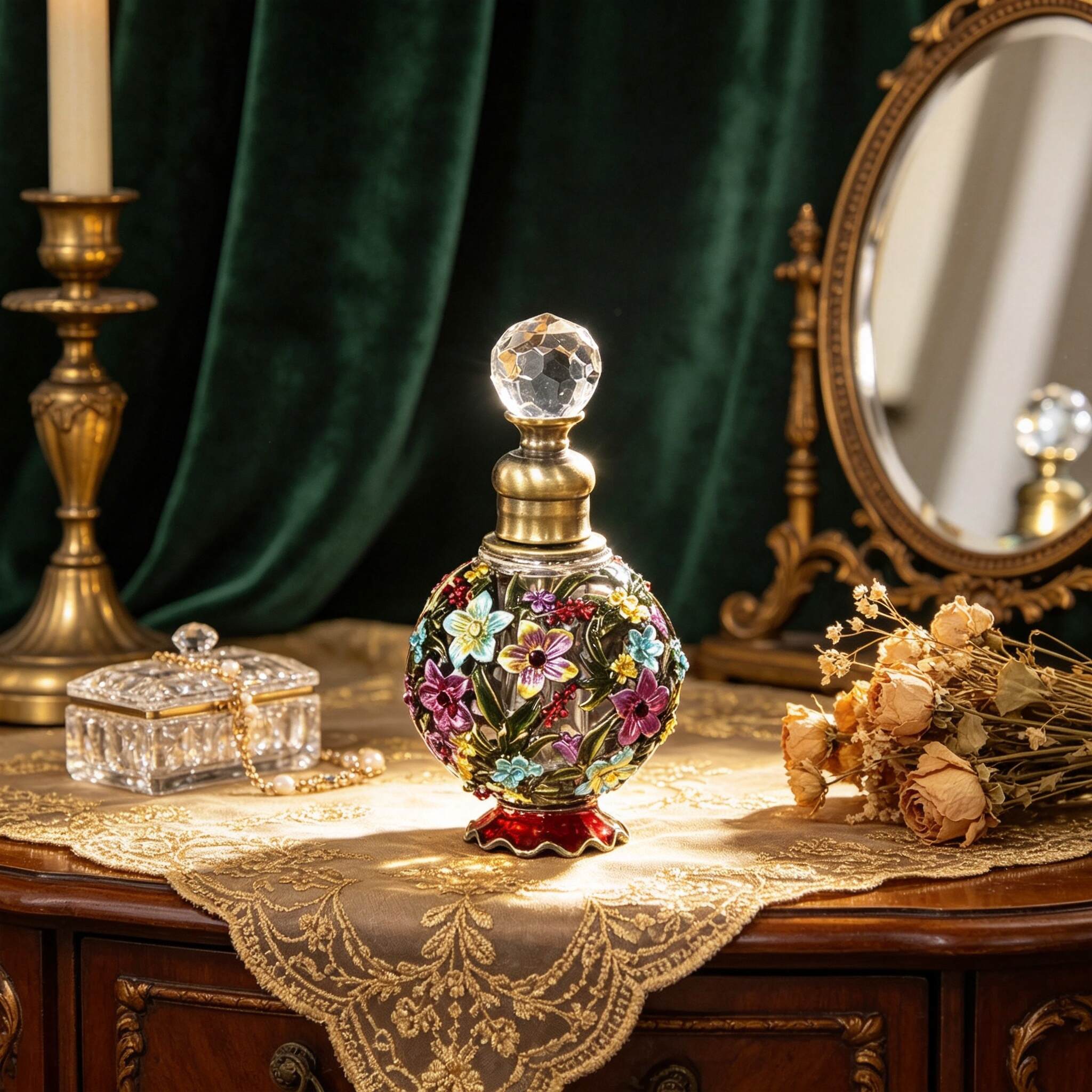 European-style flower perfume bottle with retro court-style diamond-set painted glass