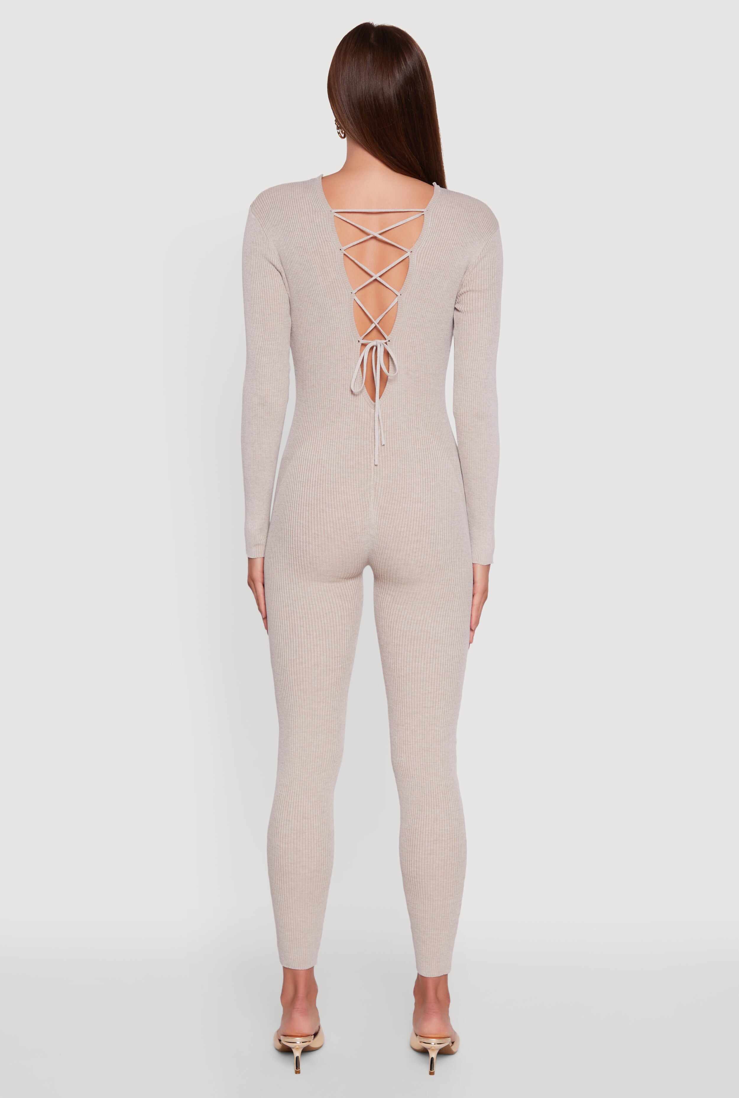 Ribbed Knit Lace-Up Back Long Sleeve Jumpsuit