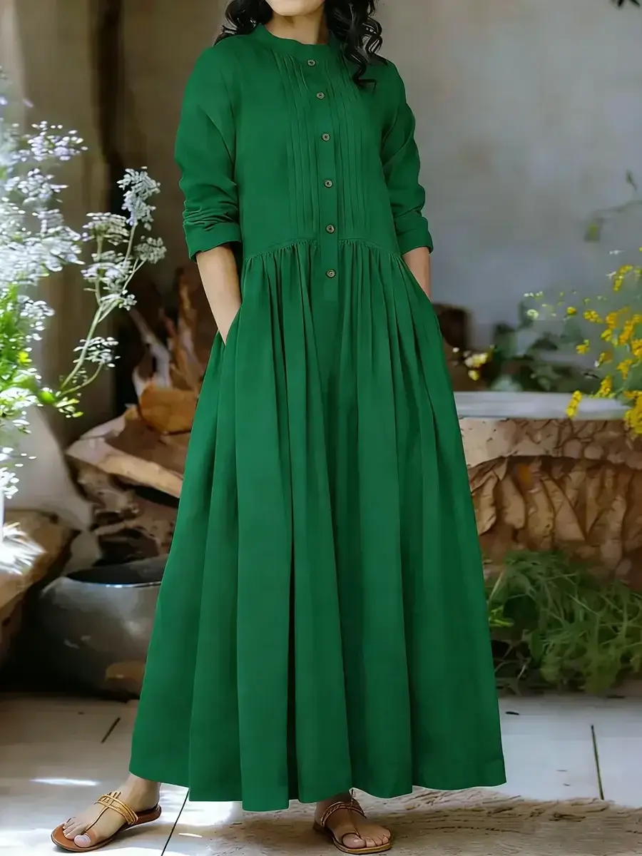 🔥Summer Arrivals🌟Women's Solid Color Stand-collar Long-sleeved Loose-fitting A-line Cotton Dress
