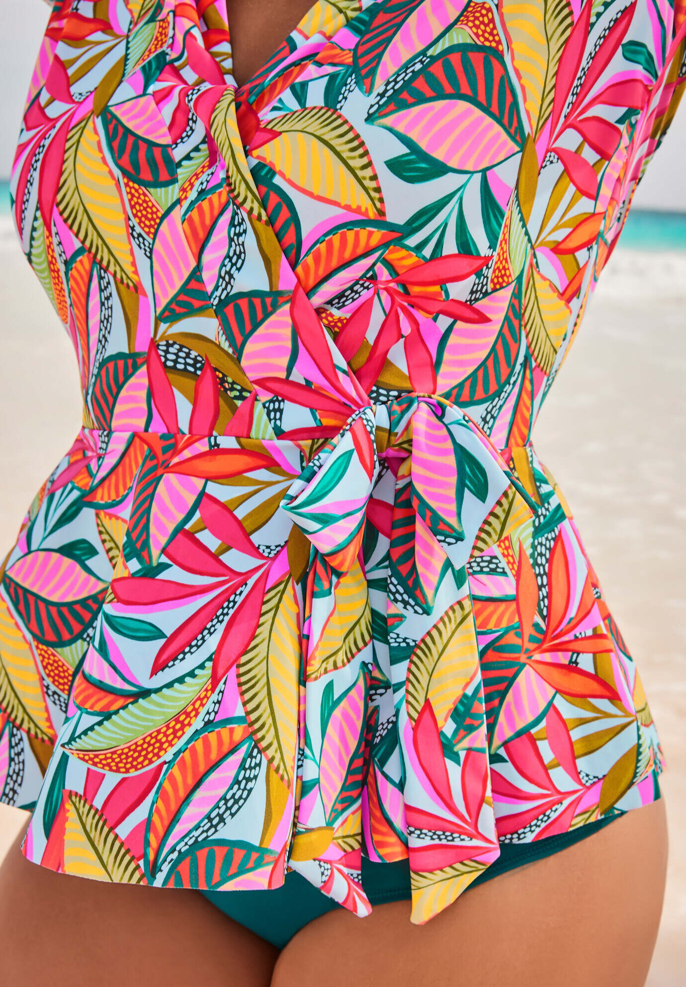 Short Sleeve Faux Wrap Tankini Top