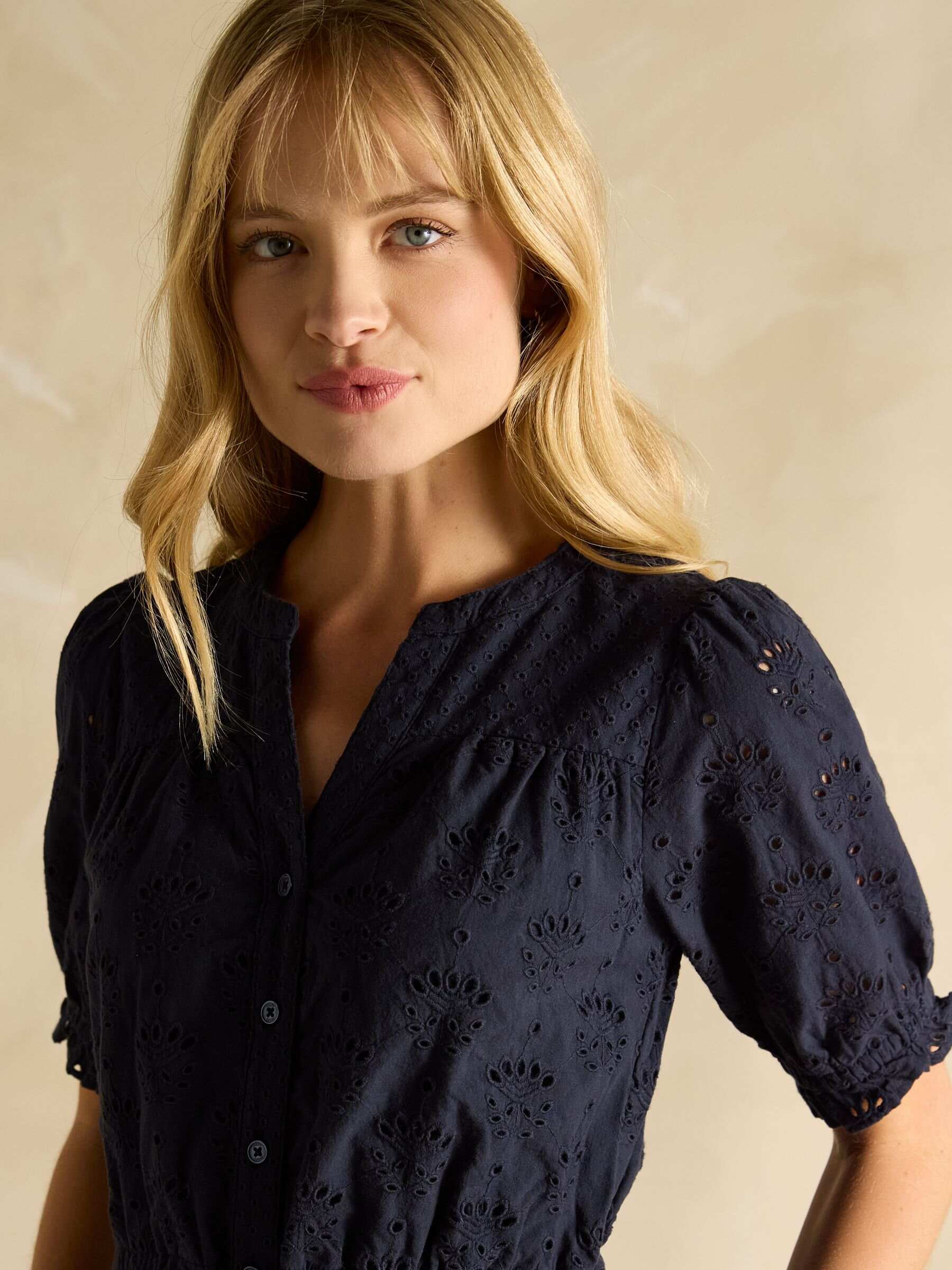 Juliana 100% Cotton Navy Blue Broderie Midi Dress