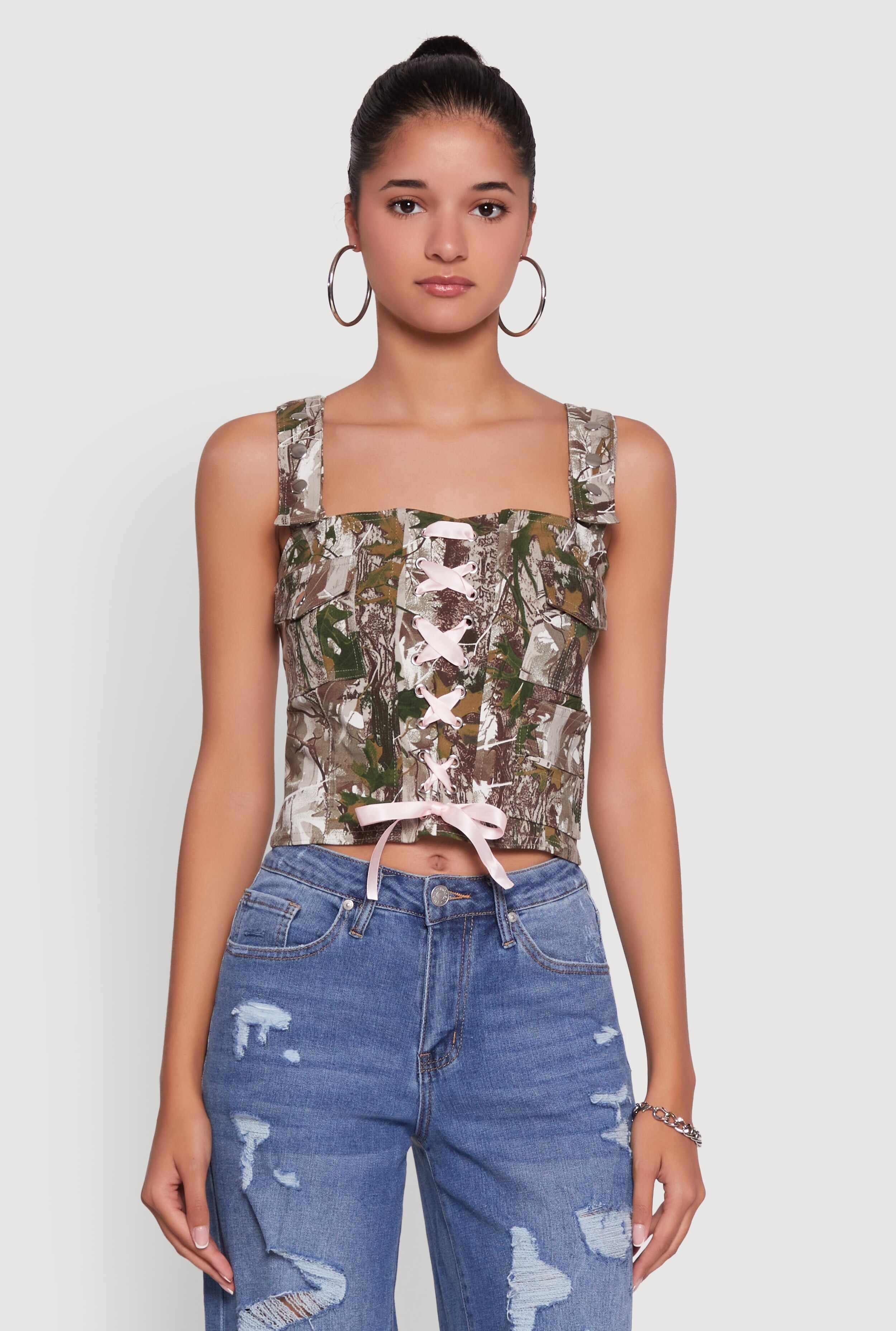 Hunter Camouflage Ribbon Lace-Up Crop Top
