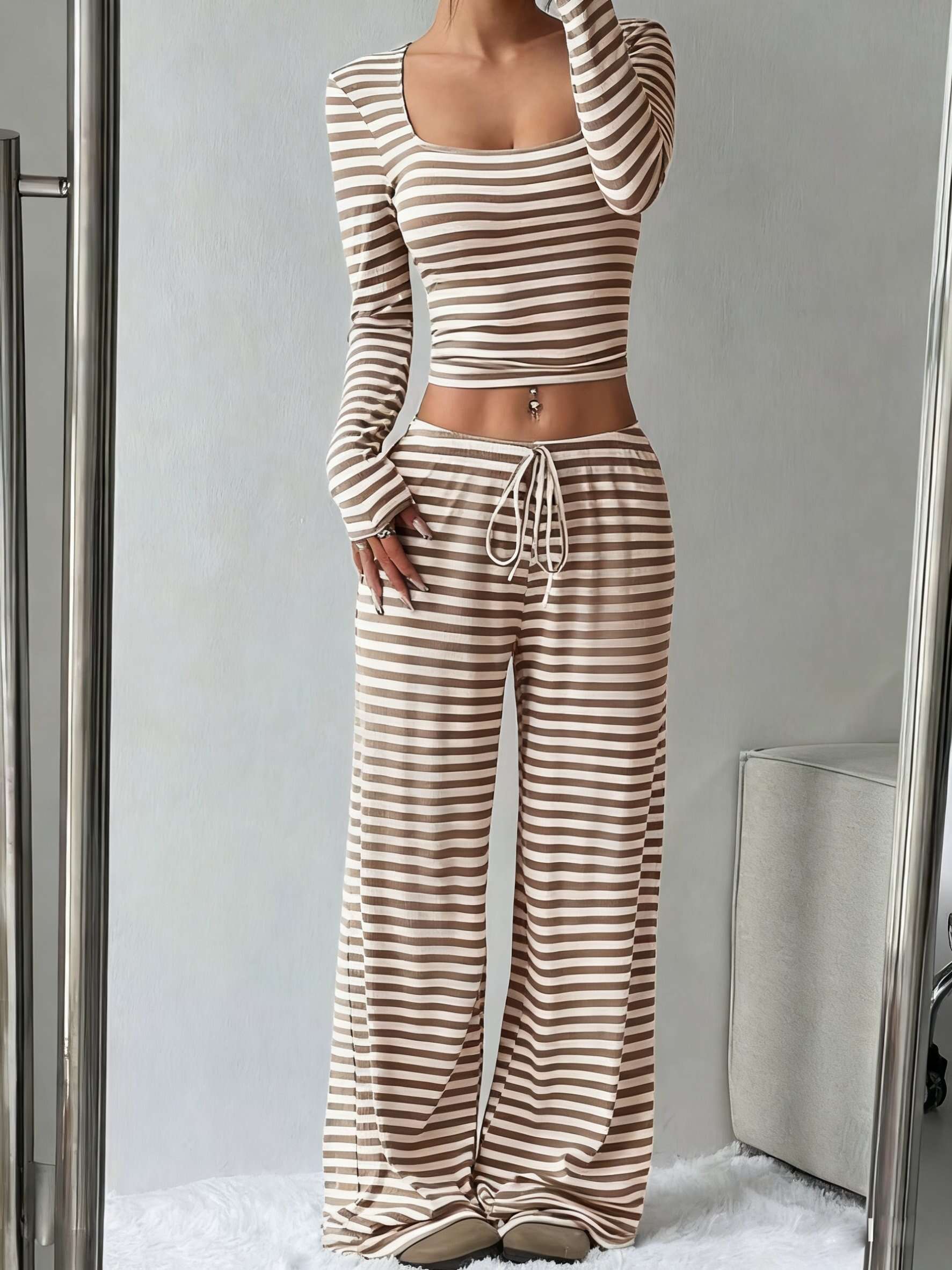 Women's Slouchy Square Neck Stripe Long Sleeve Crop Top & Low-Rise Wide Leg Trousers Co-ord