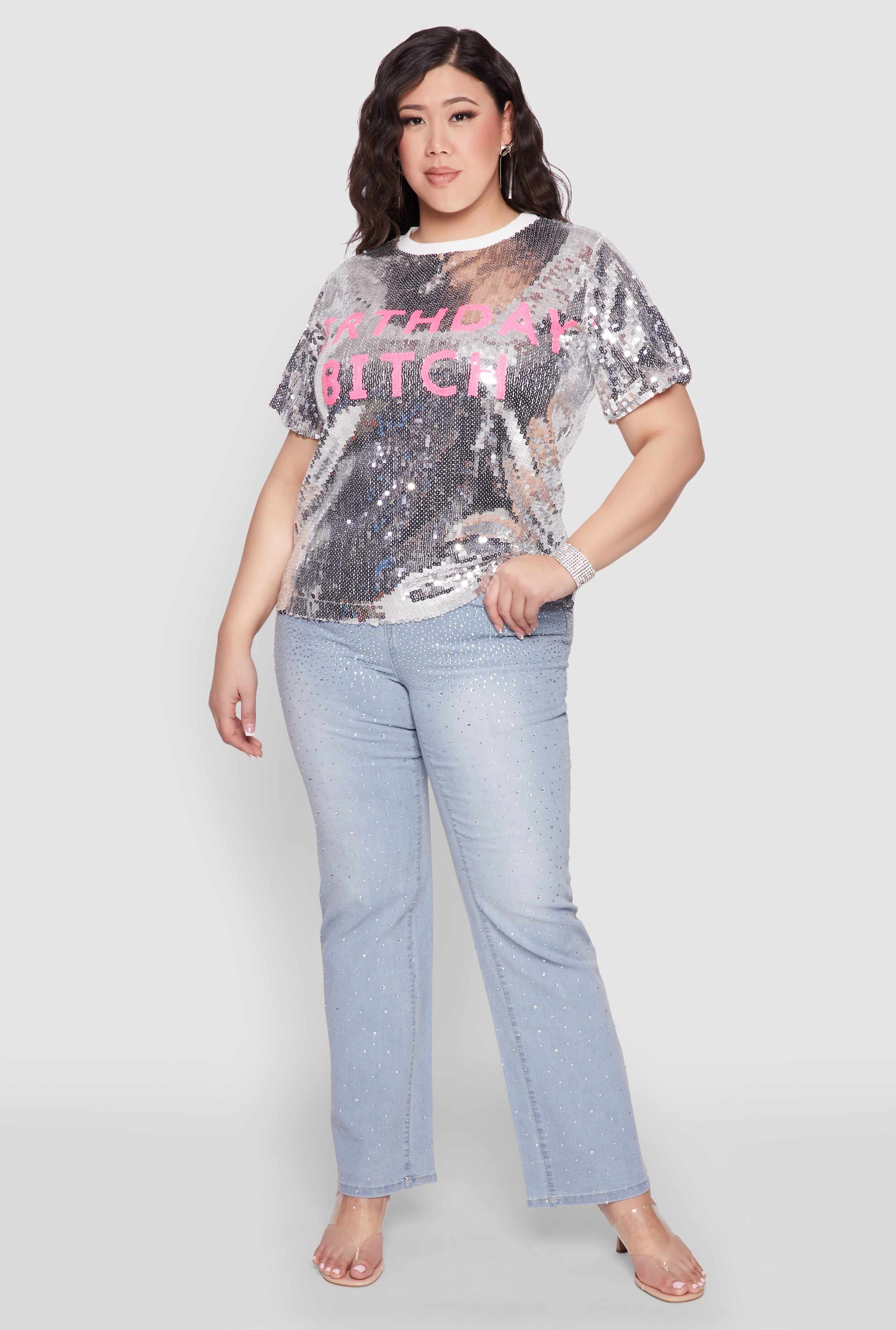 Plus Size Contrast Trim Sequin Birthday Graphic Top