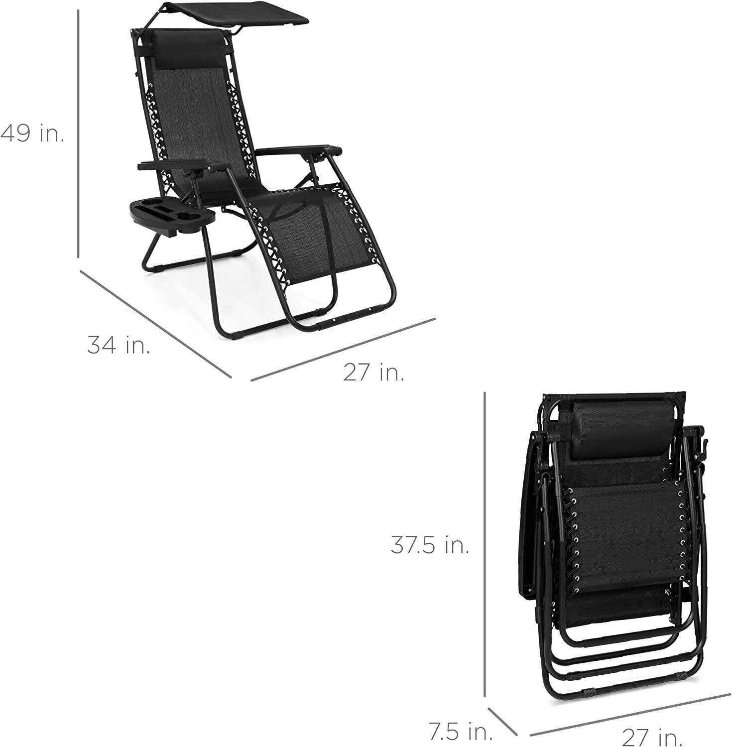 Folding Zero Gravity Recliner Patio Lounge Chair w/Adjustable Canopy Shade, Headrest, Side Accessory Tray, Textilene Mesh - Beige