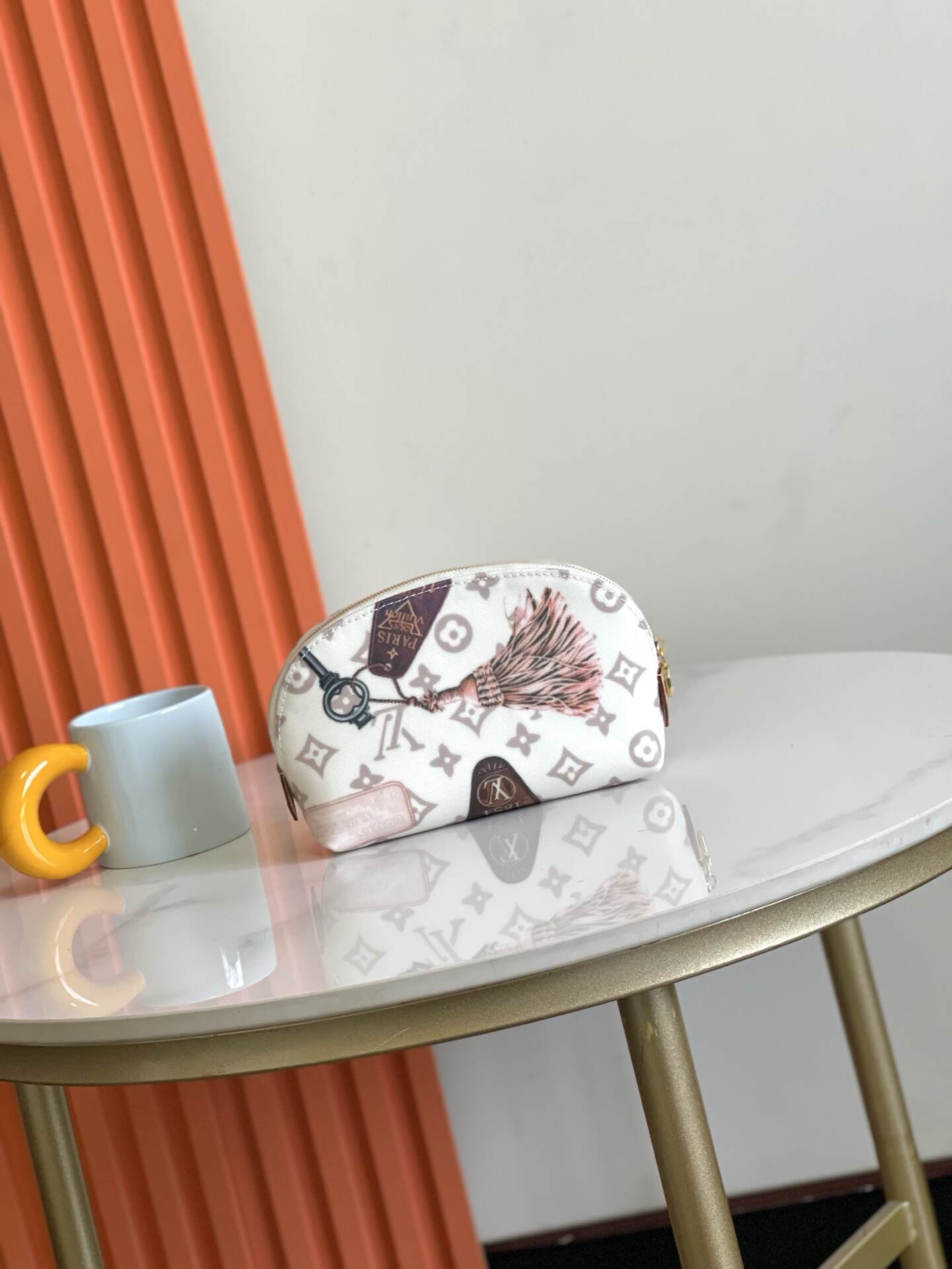 Small Cosmetic Pouch – Monogram-Inspired Coated Canvas with Vintage Hotel Key Motif & Washable Lining