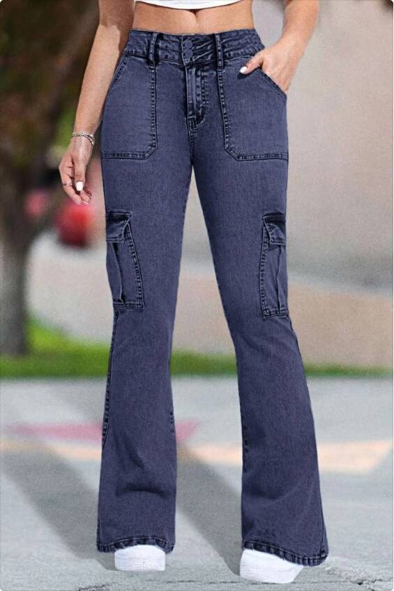 Multi Pocket Double Button Mid Rise Flare Cargo Jeans
