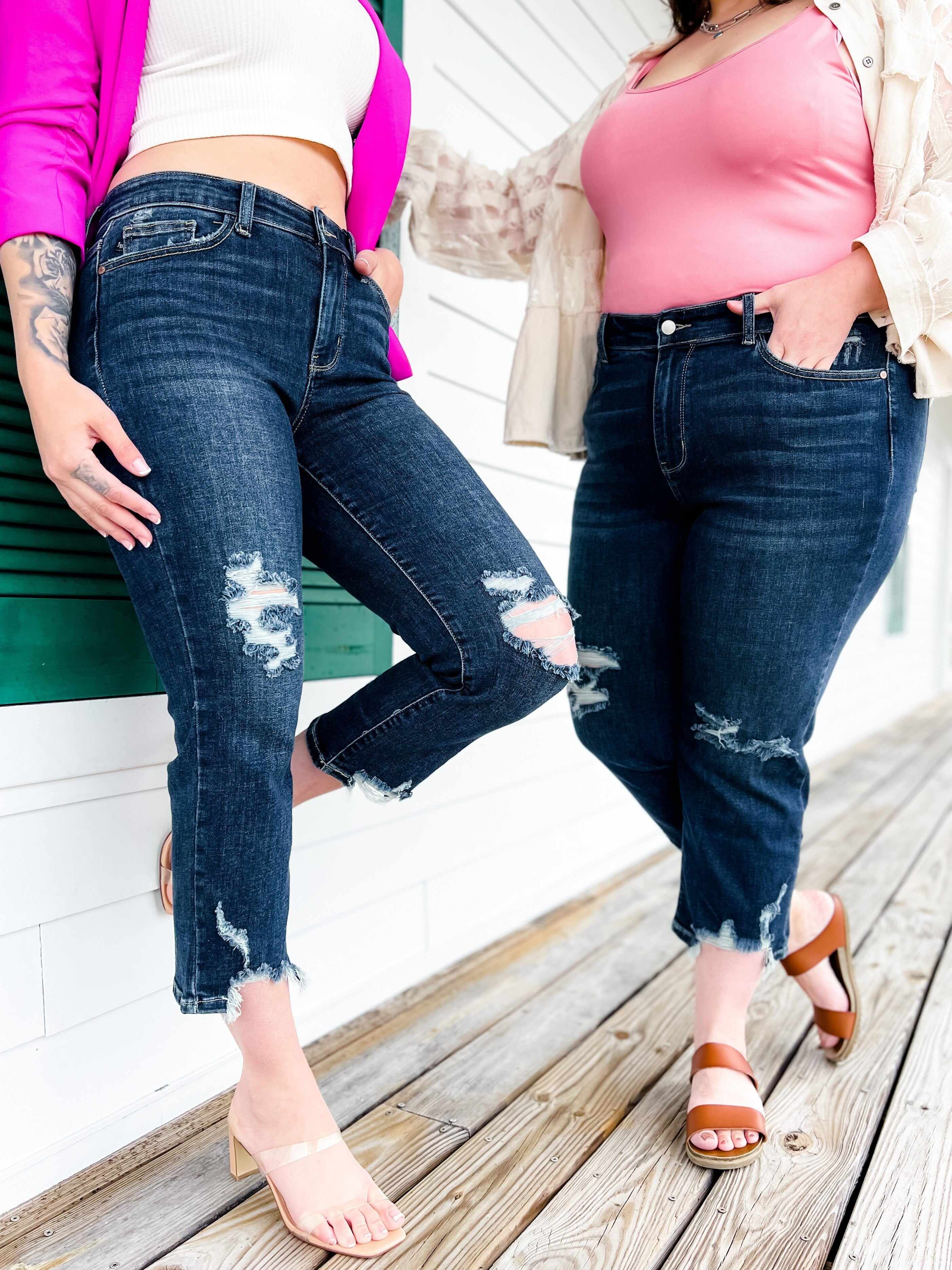 🔥Hot Sales🔥 After Hours Dark Wash Destroyed Hem Cropped Straight Leg Jeans
