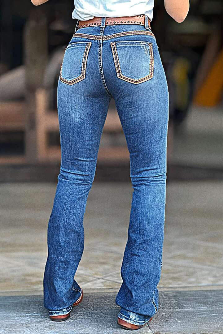 Wash Contrast Stitch Mid Rise Bootcut Jeans Without Belt