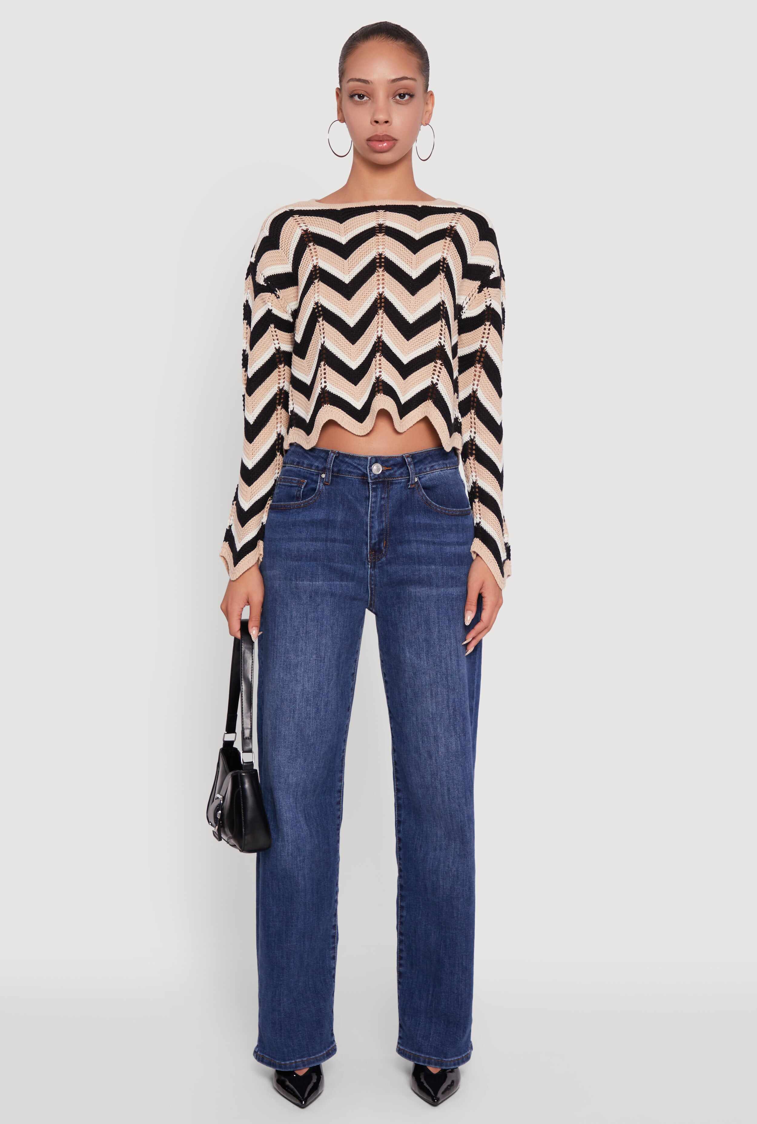 Chevron Crochet Long Sleeve Cropped Sweater