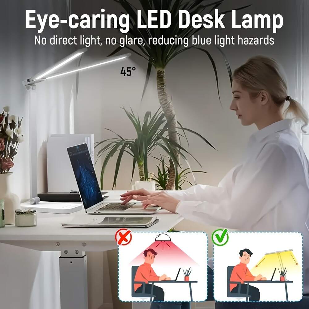 Dimmable Double-Head LED Desk Lamp, Adjustable Swing-Arm Table Lamp, Eye-Care Technology, 5 Color Modes, 5 Brightness Levels, Touch Control, with 45min Auto Timer, USB Powered, for Home Office, Bedroom, Study Room
