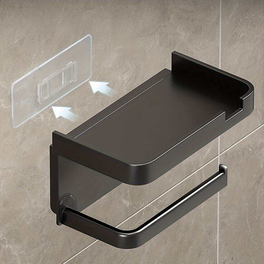 1pc Toilet Paper Storage Rack, Bathroom Wall-mounted Stainless Steel Holder, Non-punching Adhesive Tissue Box Shelf, Dual-purpose Storage Rack, Mobile Phone Holder, Toiletry Organizer Bracket, Bathroom And Toilet Supplies