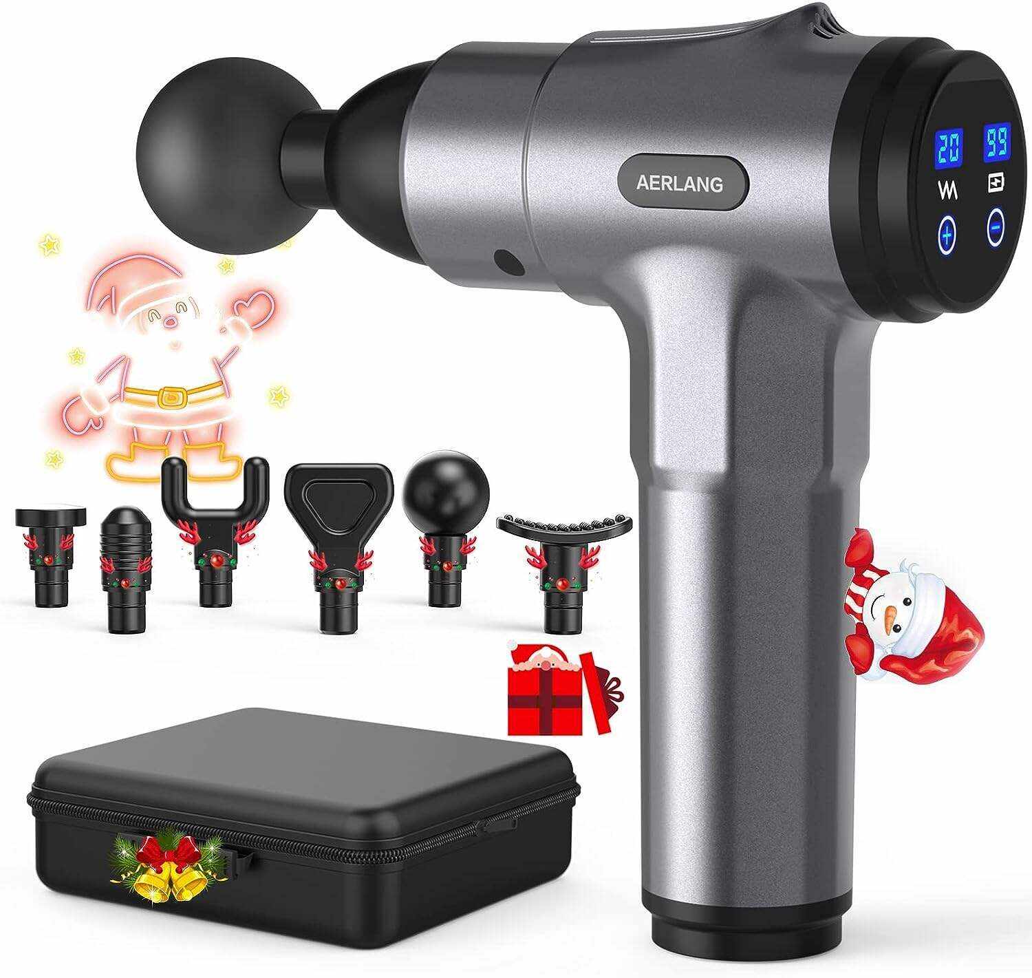 AERLANG Massage Gun, Deep Tissue Massager, Portable Muscle Massage Gun for Back Neck Muscle Relieve, Quiet Massager Gun 20 Variable Speeds Digital Display 6 Massage Heads and Carrying Case