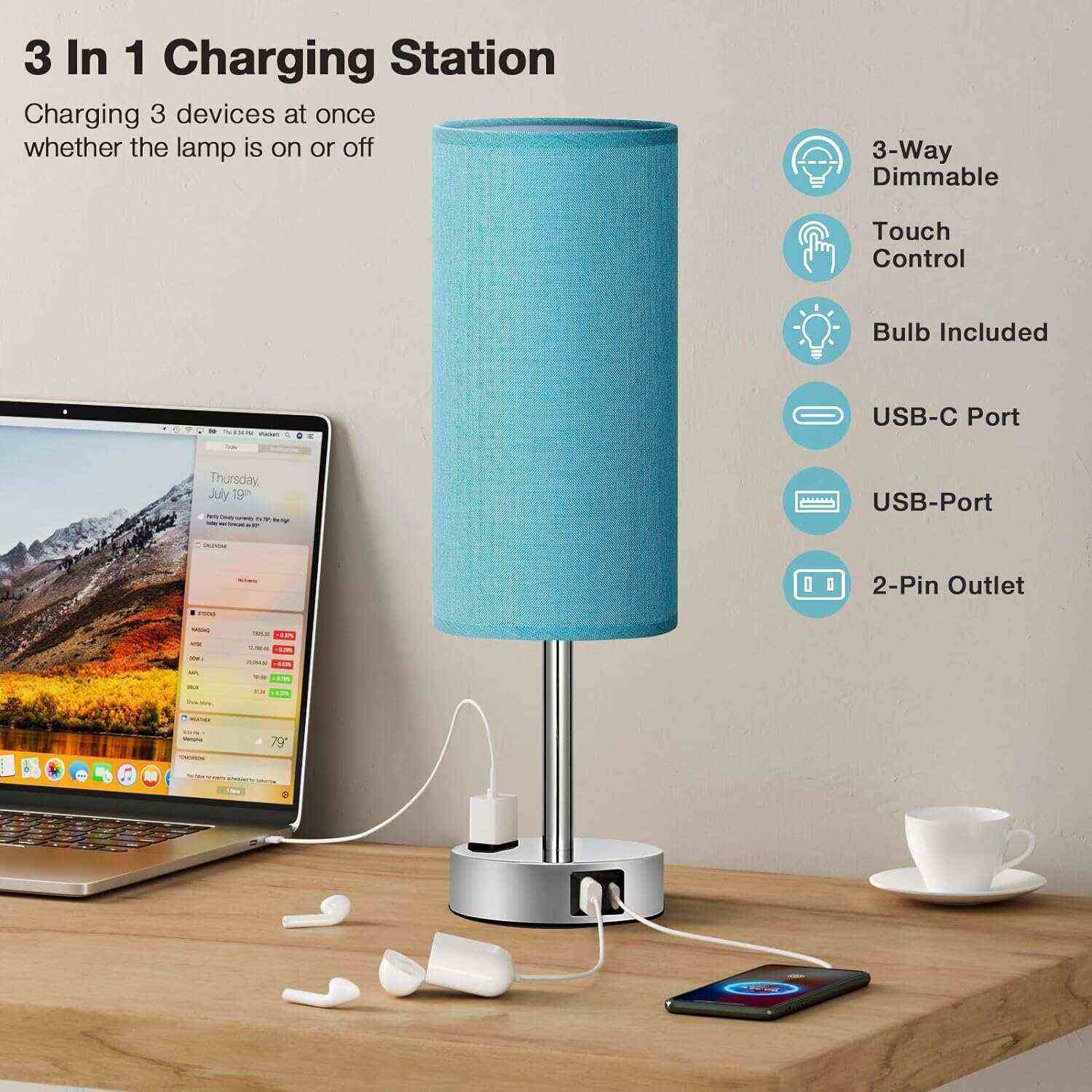 Bedside Table Lamp for Bedroom - 3 Way Dimmable Touch Lamp USB C Charging Ports and AC Outlet, Small Lamp Wood Base Round Flaxen Fabric Shade for Living Room, Desk, LED Bulb Included