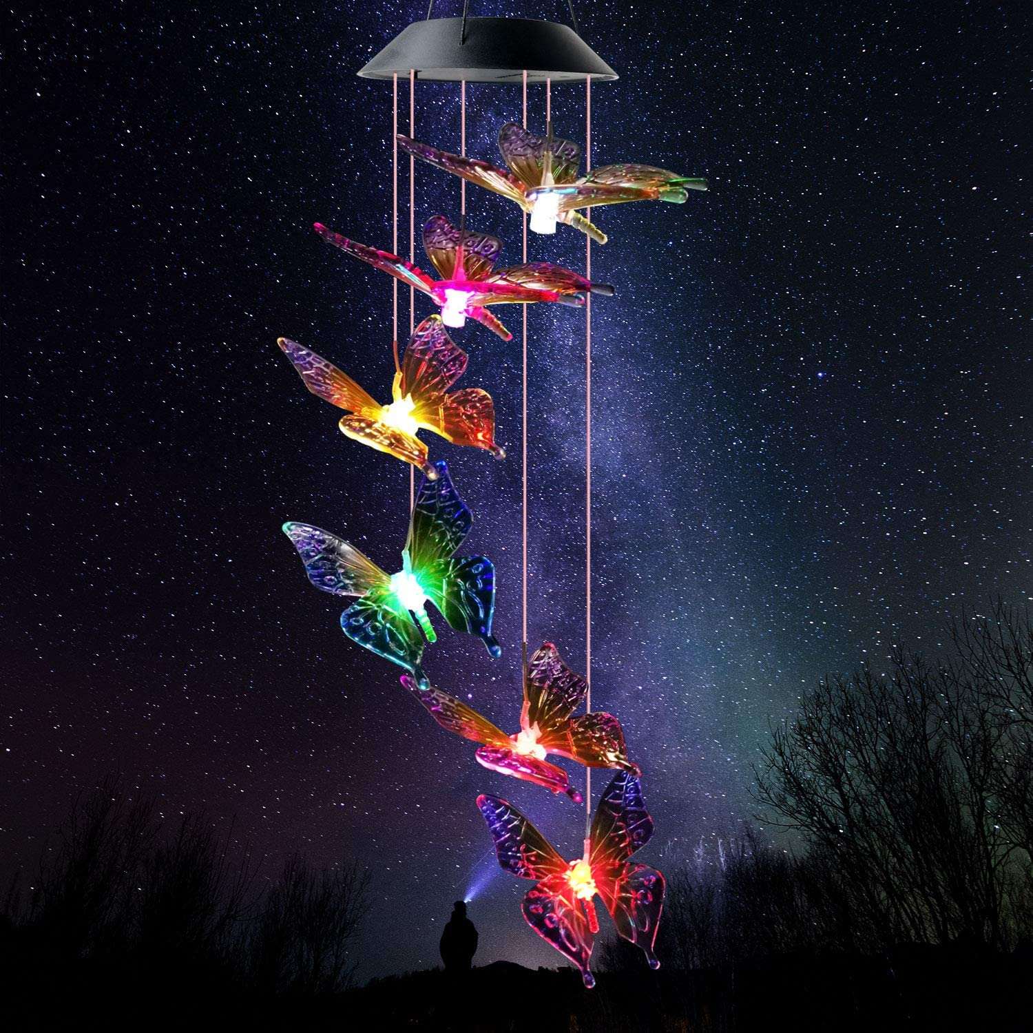 Colorful Butterfly Solar Wind Chimes Outdoor Color Changing Mobile Solar Hanging Light
