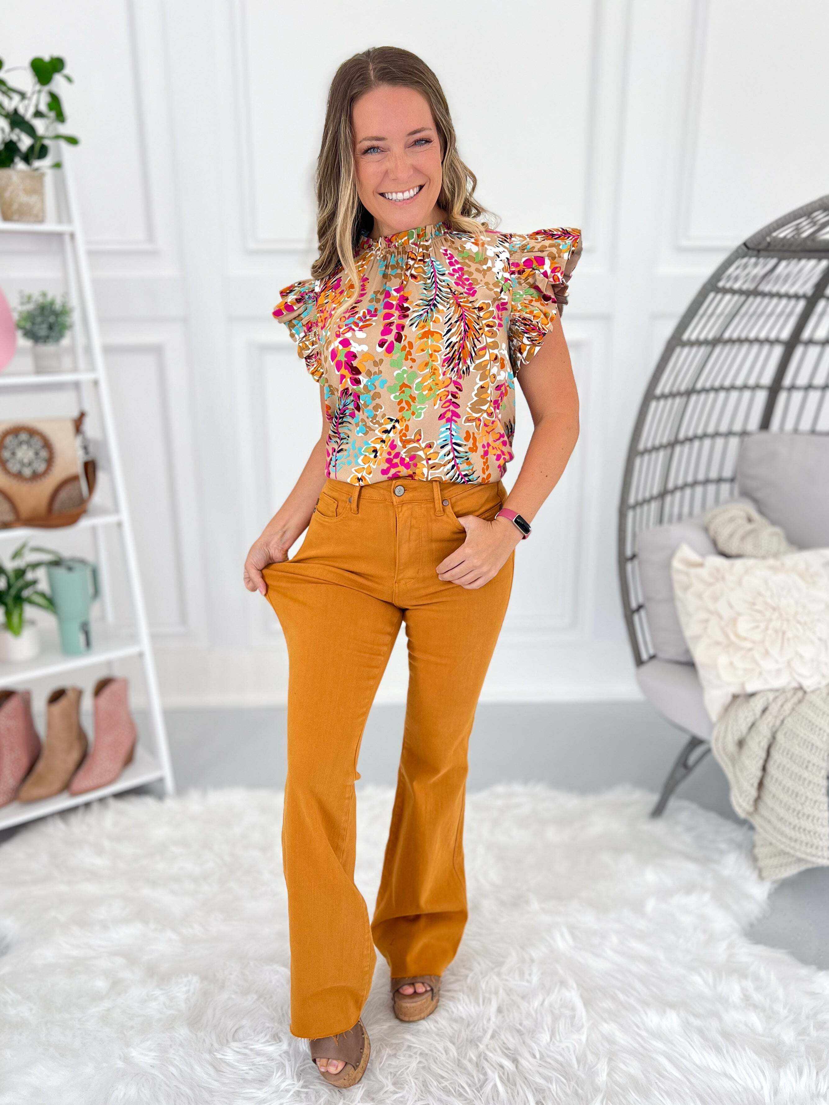 Christmas Tummy Control Marigold Dyed Flare Jeans- Final Sale