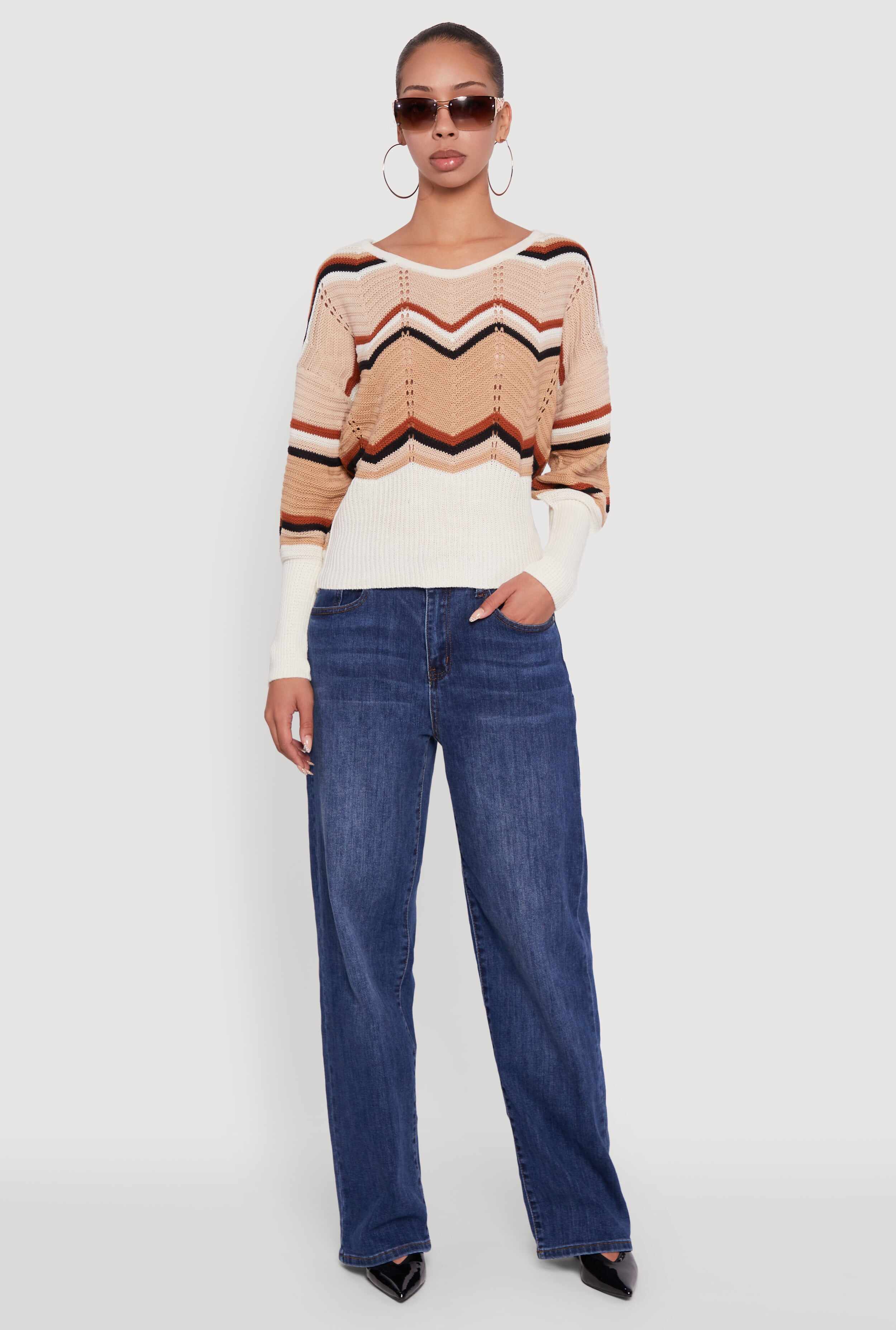 Crochet Chevron Caged Back V-Neck Sweater