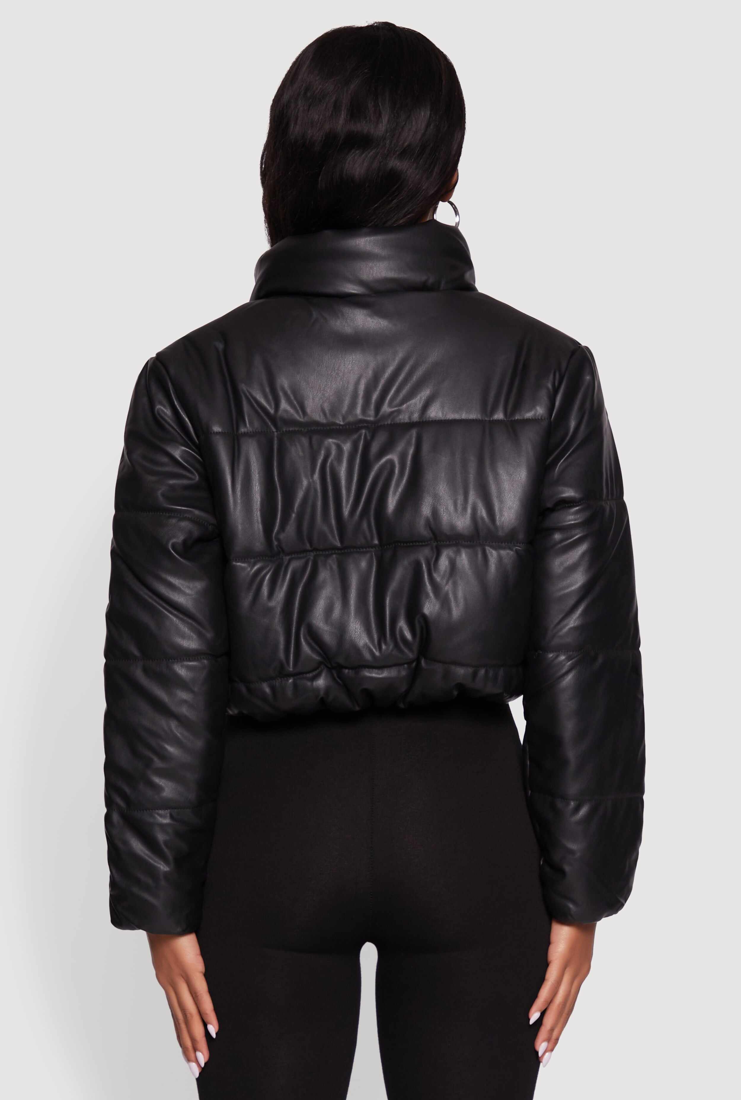 Cropped Faux Leather Puffer Jacket