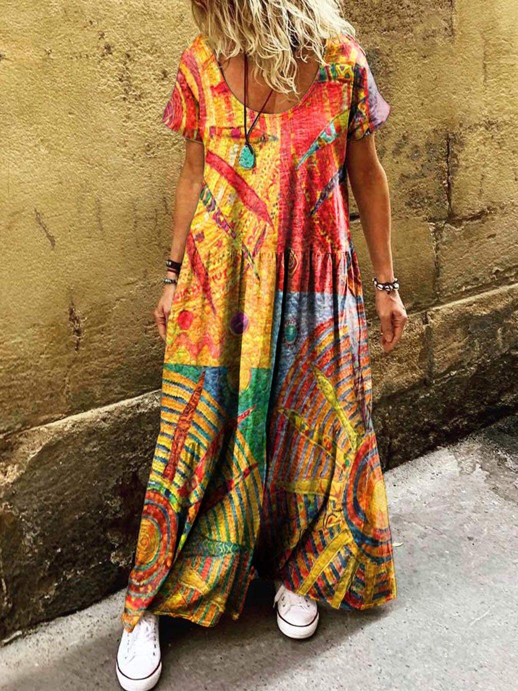 Women's Bohemian Sun Collage Art Pattern Print Pocket Short Sleeve Cotton Dress