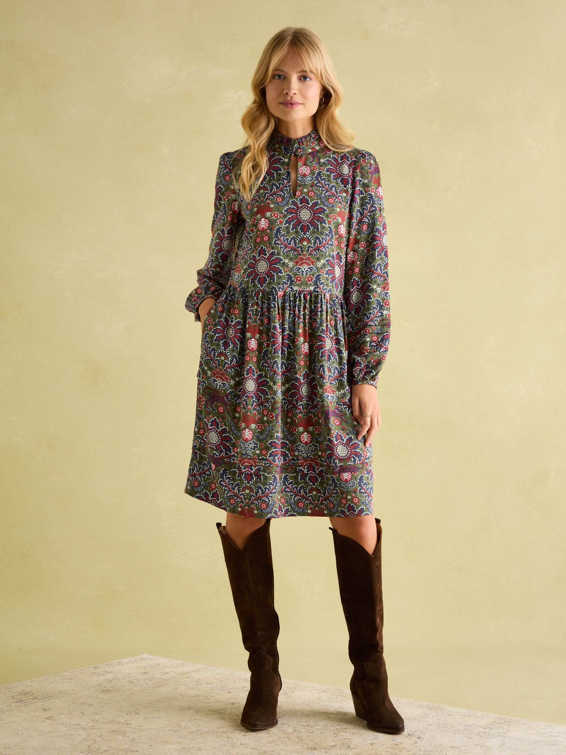 Petunia Khaki Green Frill Neck Dress
