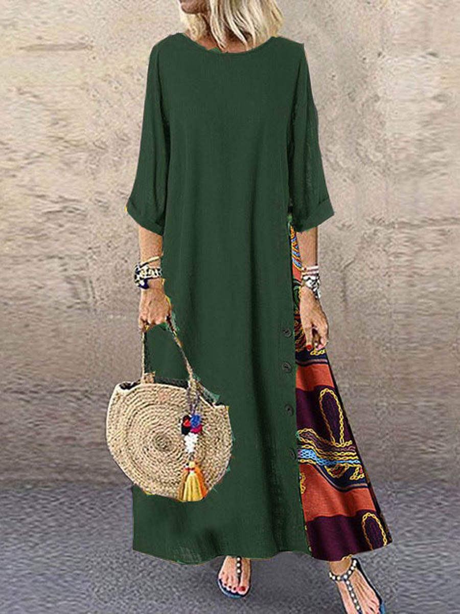 🔥Summer Arrivals🌟Women's Retro Floral Contrast Button Patchwork Cotton And Linen Casual Dress